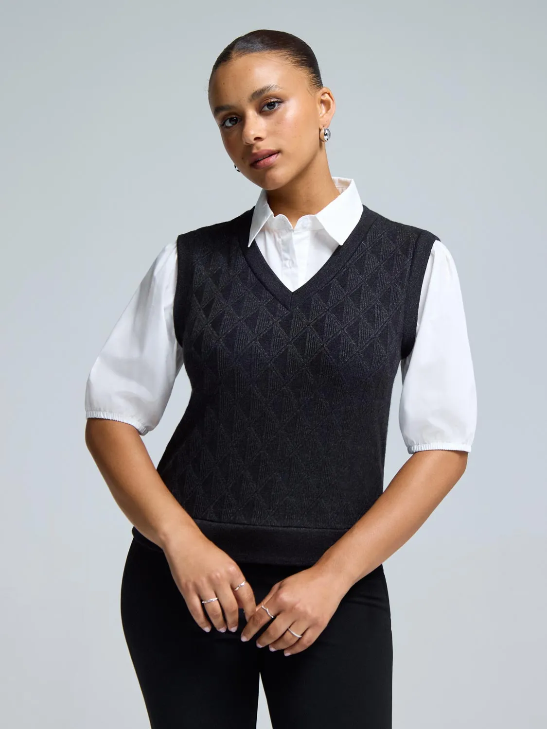 2-Fer Jacquard Knit With Poplin Blouse On Trend