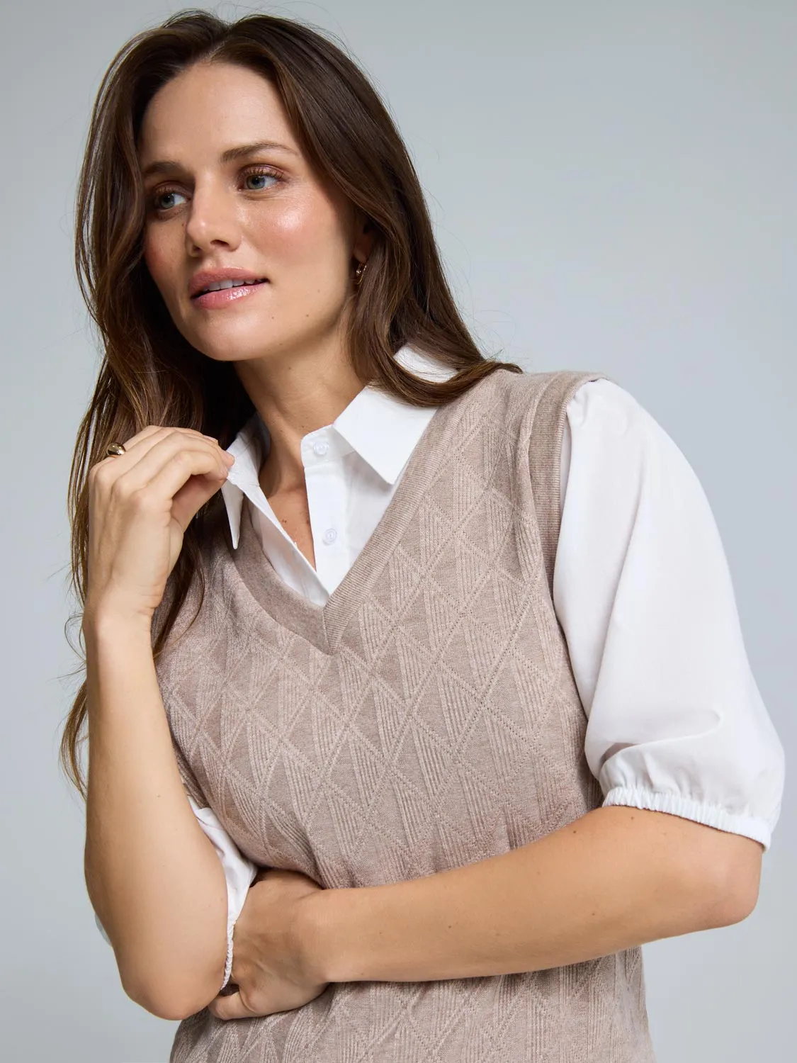 2-Fer Jacquard Knit With Poplin Blouse Outdoorsy Fit