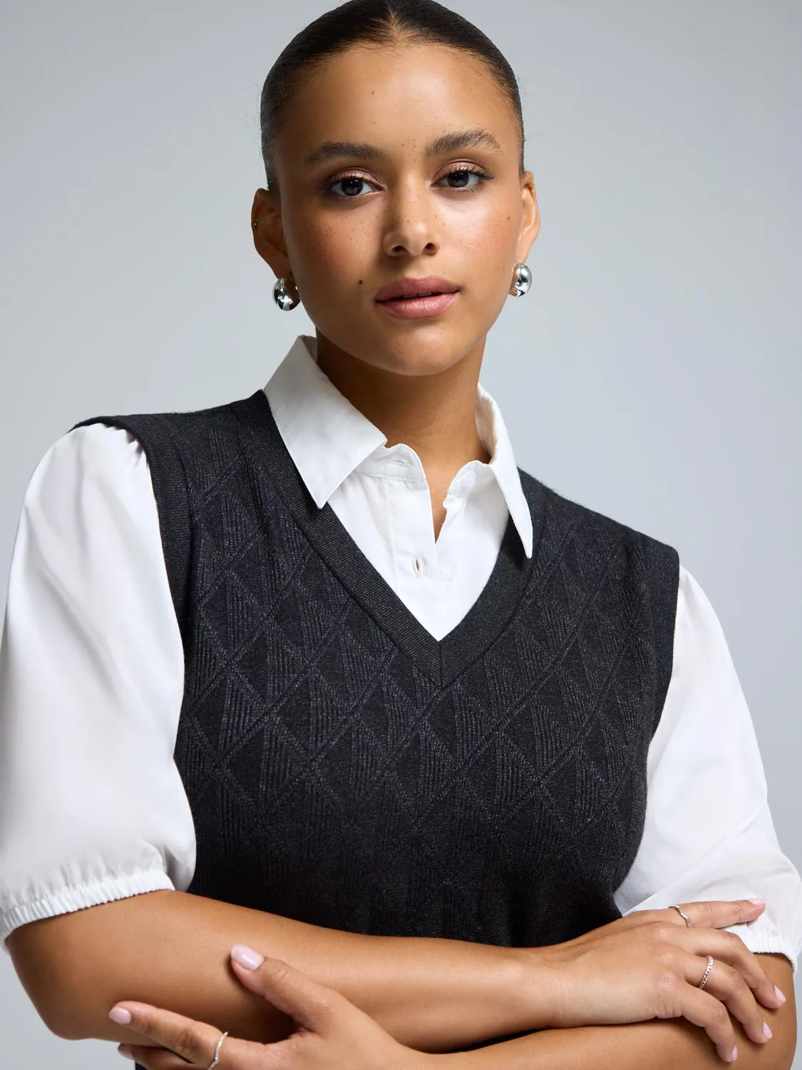 2-Fer Jacquard Knit With Poplin Blouse Free Form