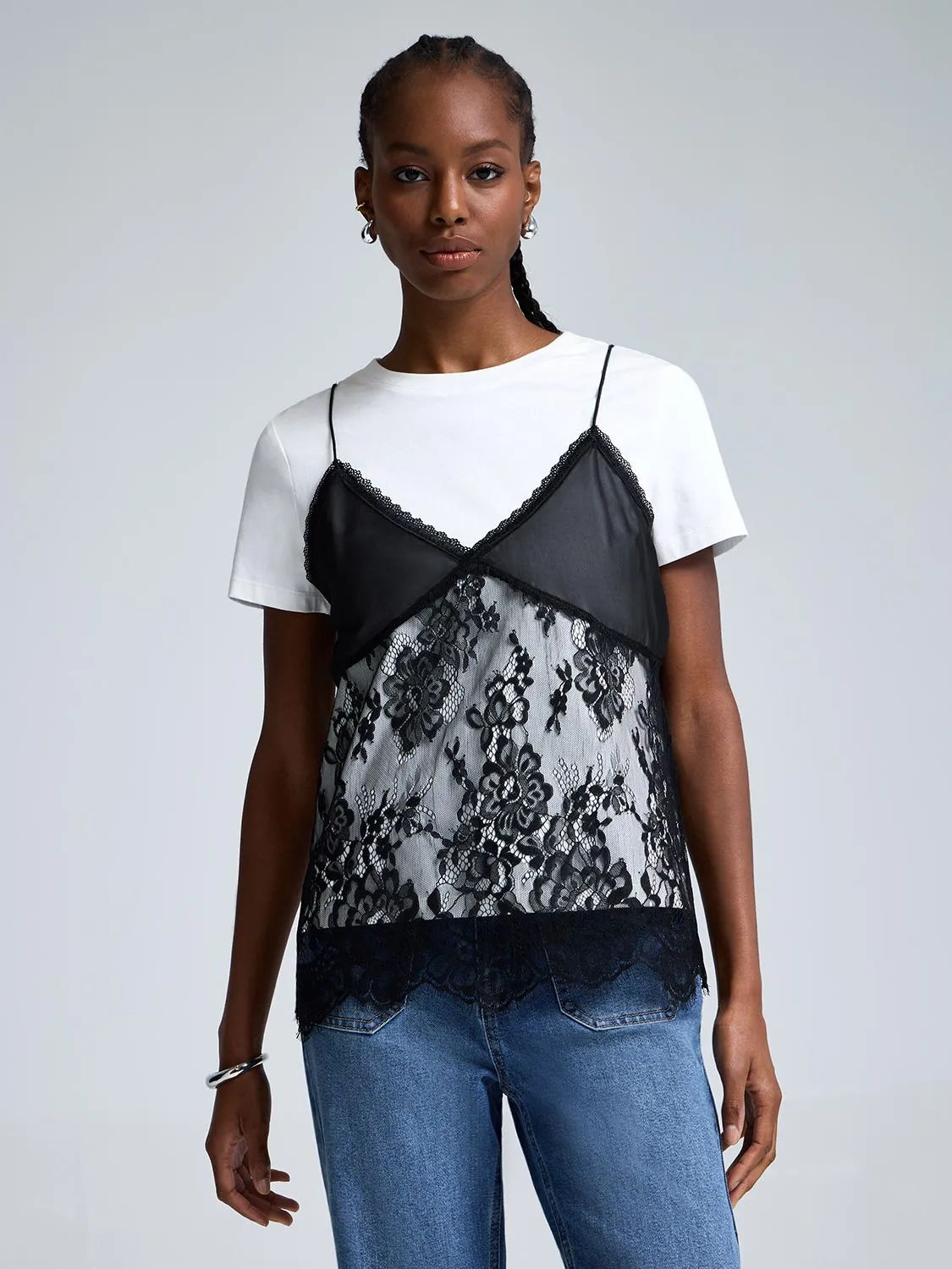 2-Fer T-Shirt With Lace Cami Style Formula