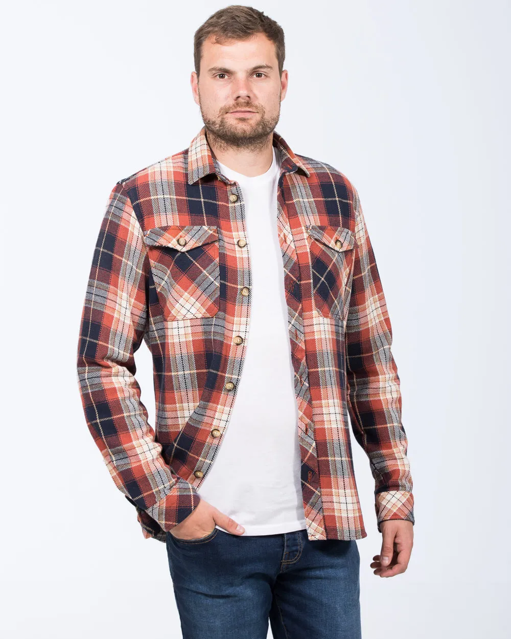 2t Caleb Tall Checked Shacket (rust) lightweight protectant
