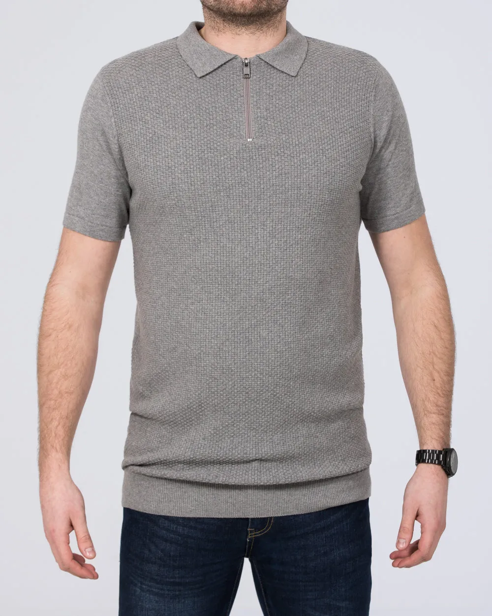 2t Devon Slim Fit Tall Zip Up Knitted Polo Shirt (grey) travel ease