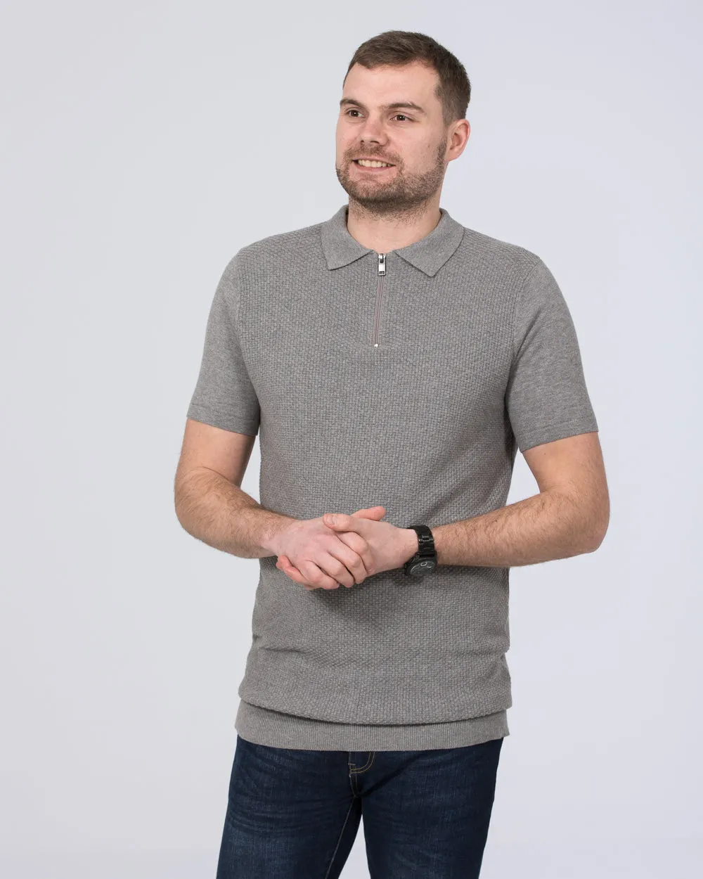 2t Devon Slim Fit Tall Zip Up Knitted Polo Shirt (grey) refined mood