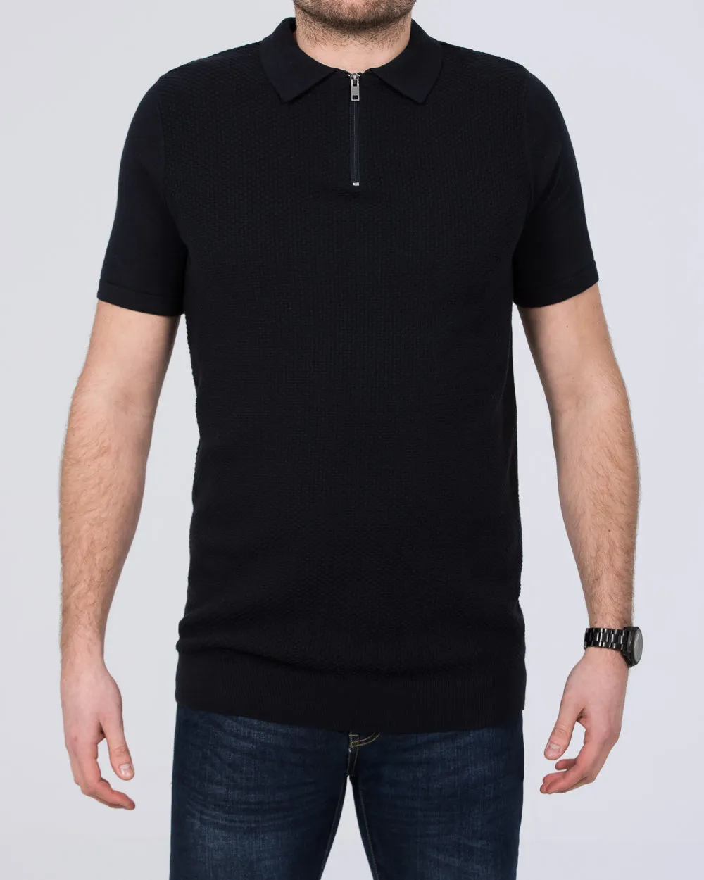 2t Devon Slim Fit Tall Zip Up Knitted Polo Shirt (navy) city vibe