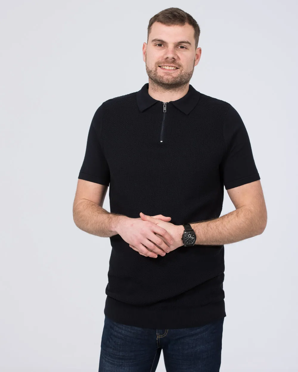 2t Devon Slim Fit Tall Zip Up Knitted Polo Shirt (navy) cool layer