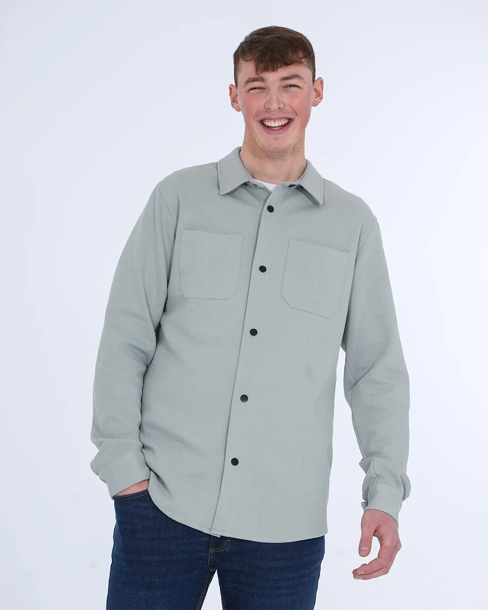 2t Ezra Tall Jersey Shacket (blue) coffee run wear