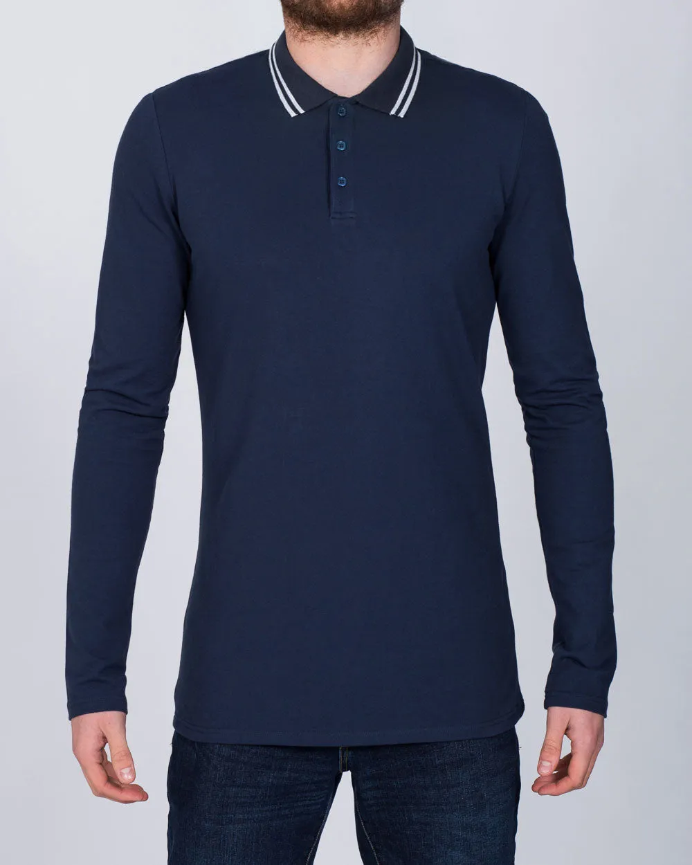 2t Slim Fit Long Sleeve Tall Tipped Polo Shirt (navy) smooth tone