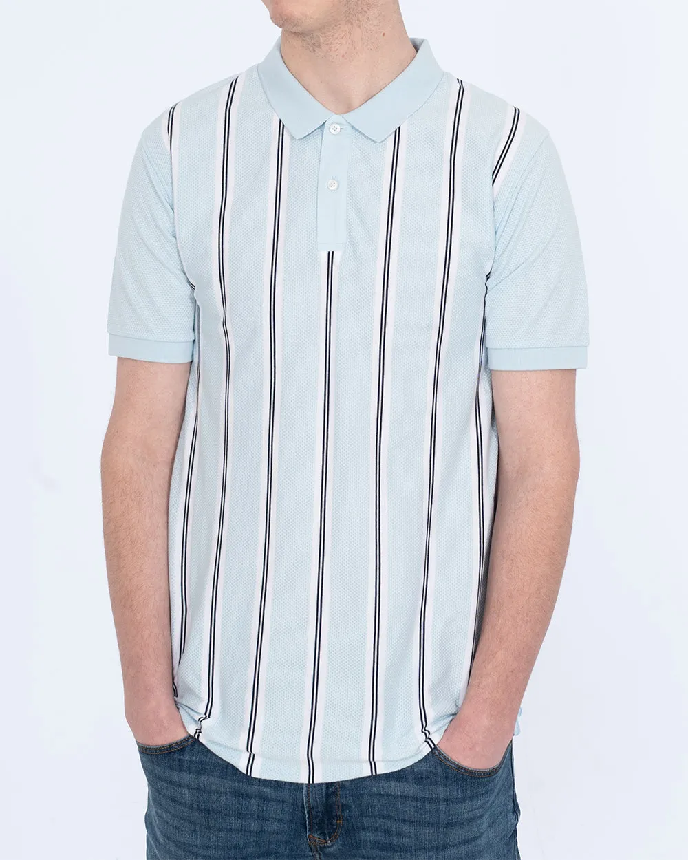 2t Slim Fit Tall Vertical Striped Polo Shirt (ice blue) all-season fit