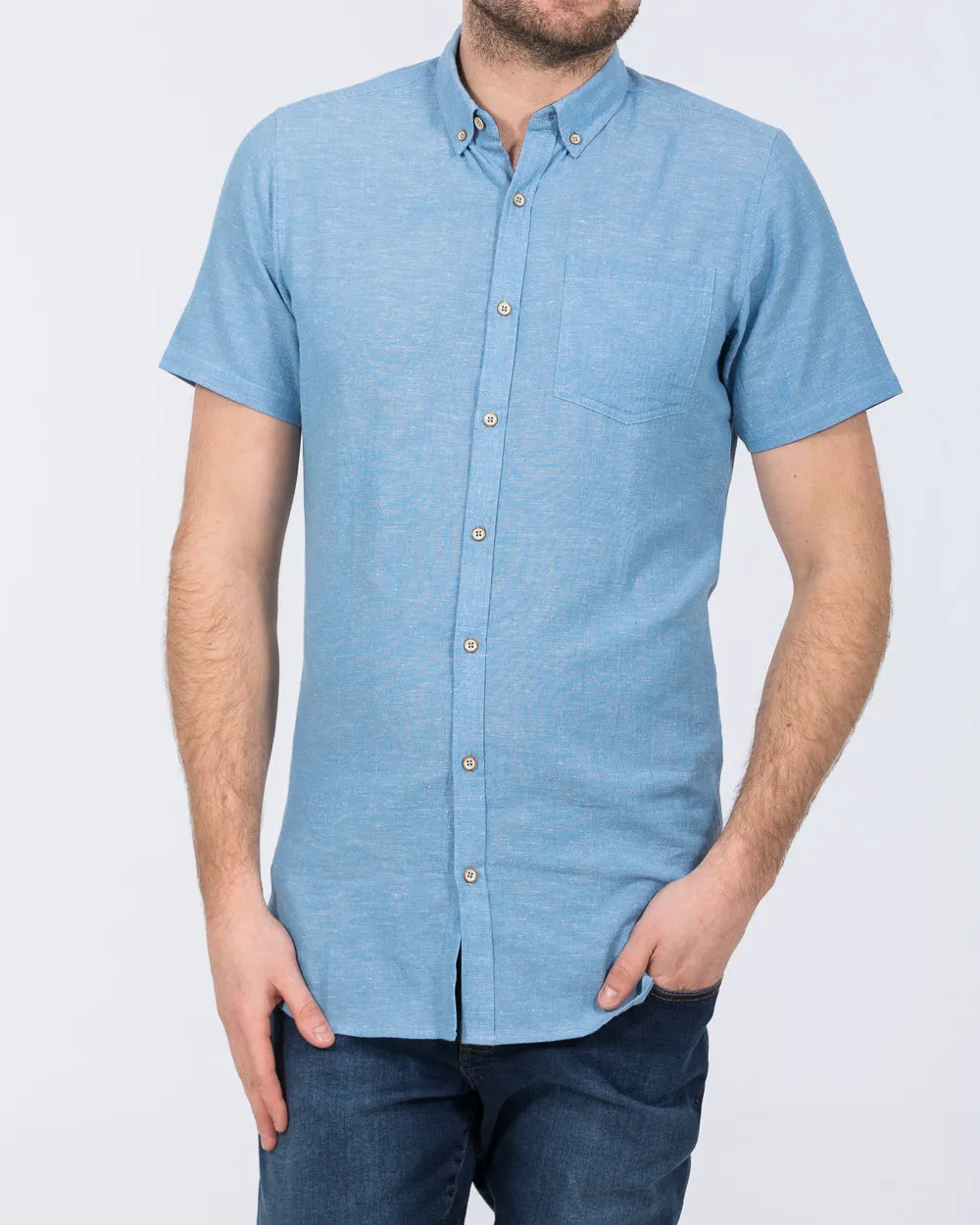2t Tall Short Sleeve Linen Blend Shirt (mid blue) Day Look