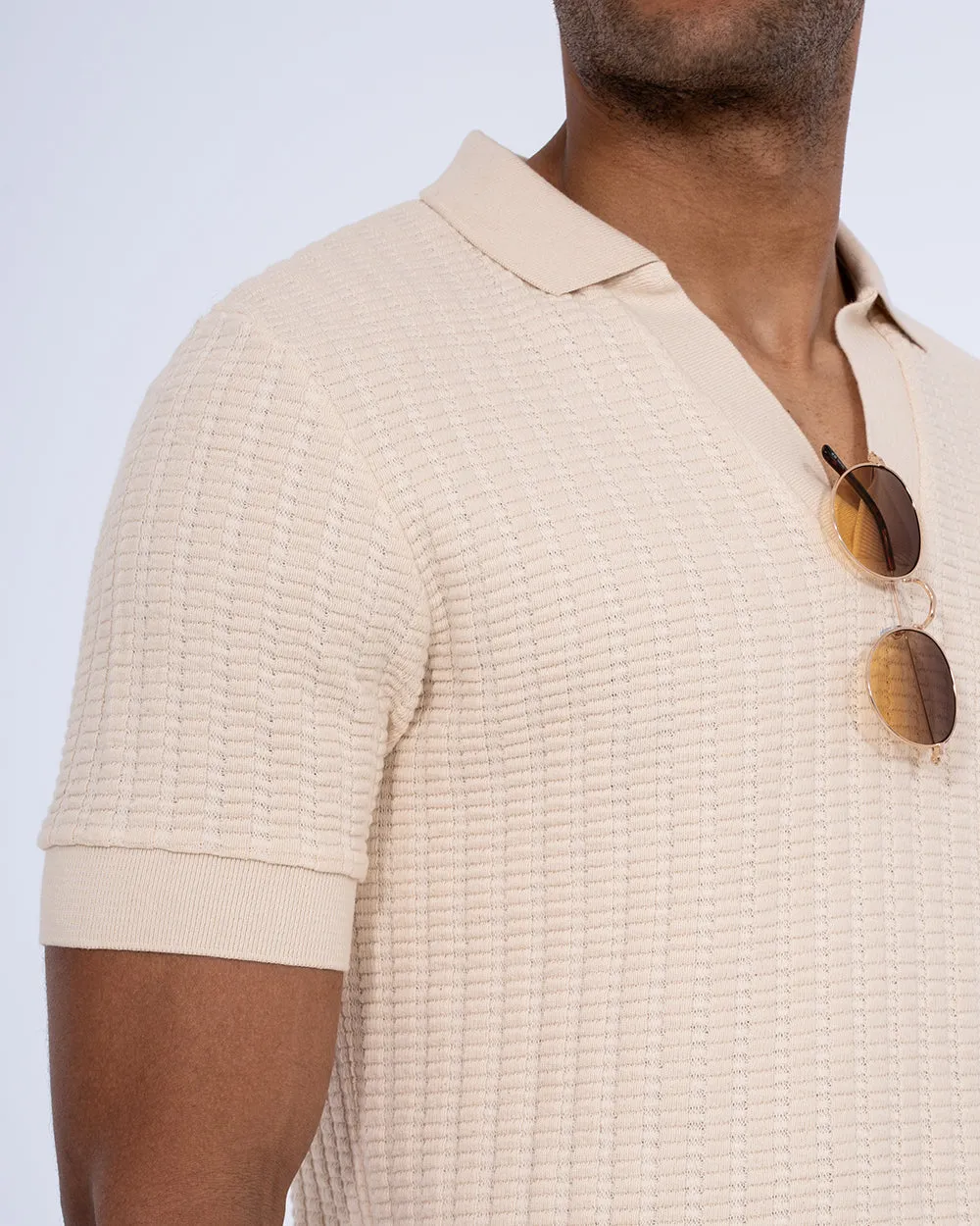 2t Vincent Tall Jacquard Open Collar Polo Shirt (cream) quiet trend