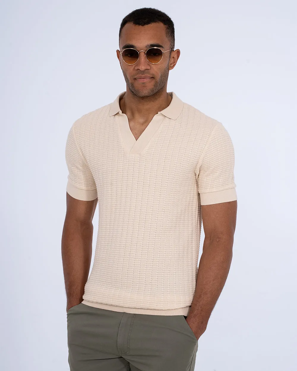 2t Vincent Tall Jacquard Open Collar Polo Shirt (cream) airy layer