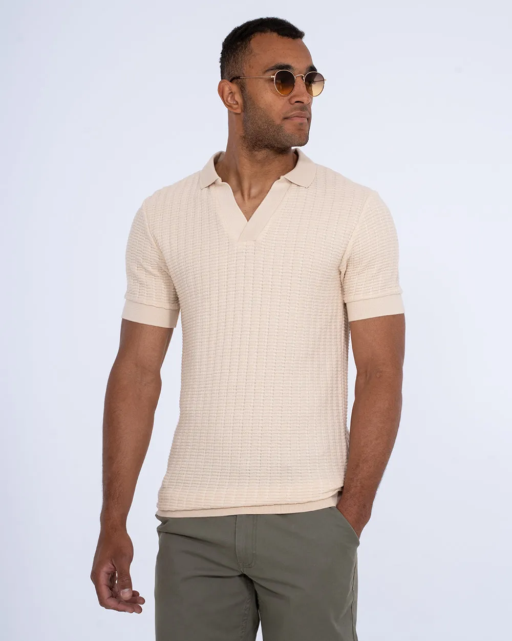 2t Vincent Tall Jacquard Open Collar Polo Shirt (cream) soft touch