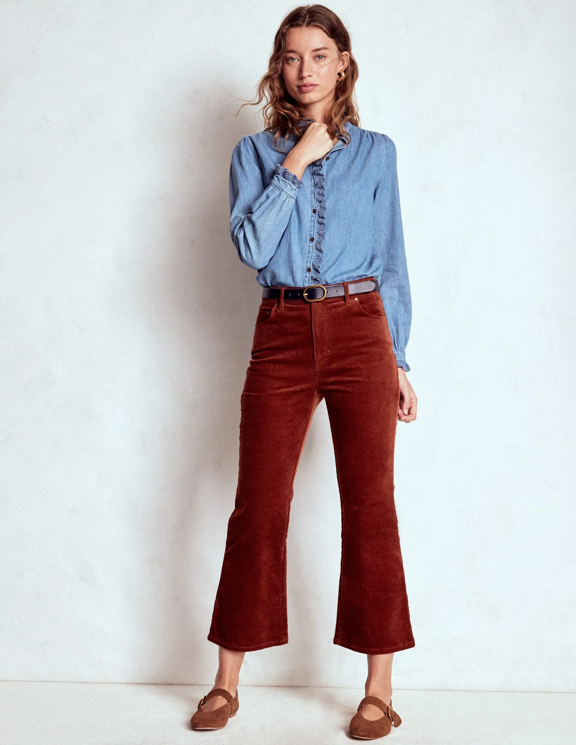 5-Pocket Cord Kick Jeans-Fired Brick color block