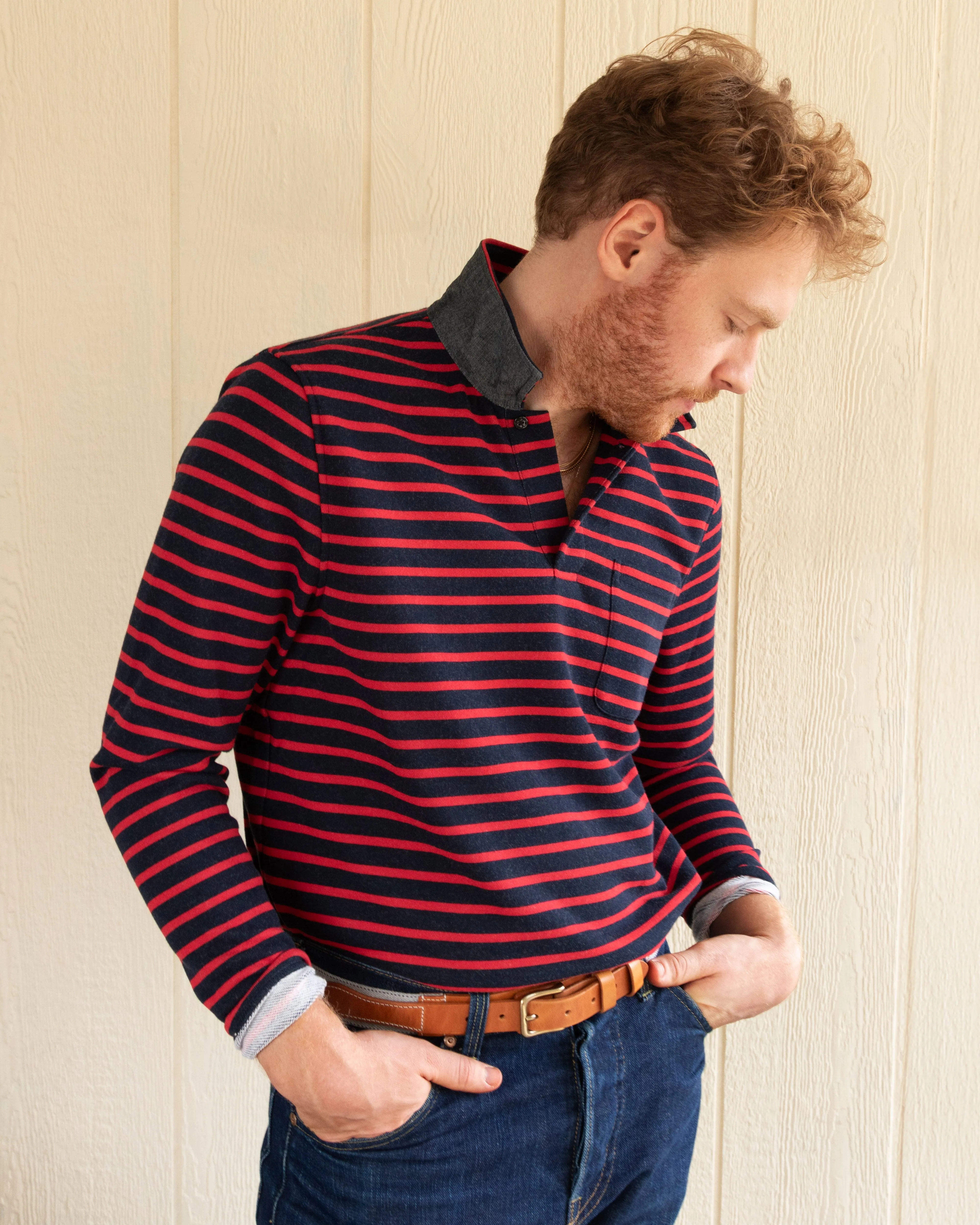 Acadia Polo in Navy/Breton Red Loopback Terry easy blend
