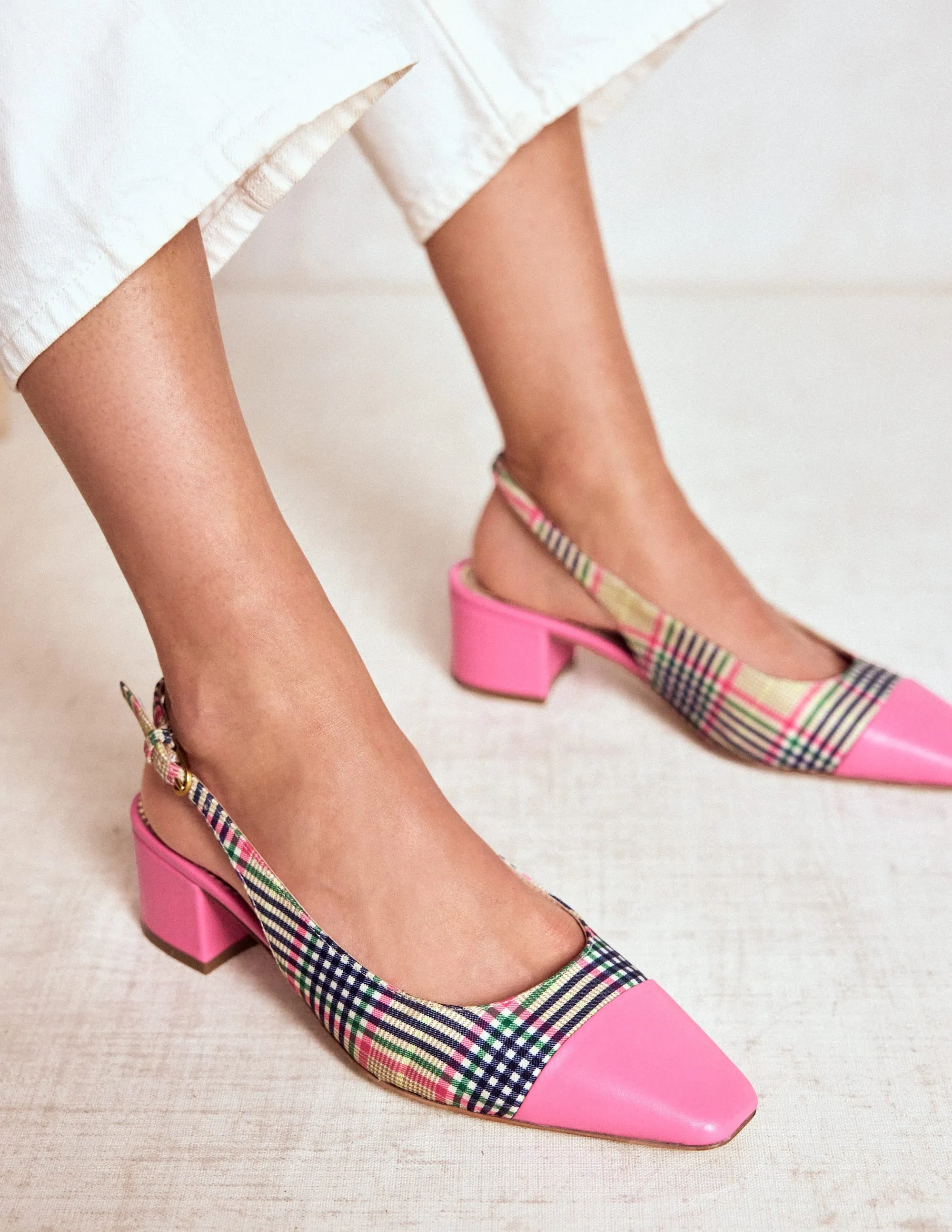 Ailsa Block Heel Slingbacks-Multi Check elastic design
