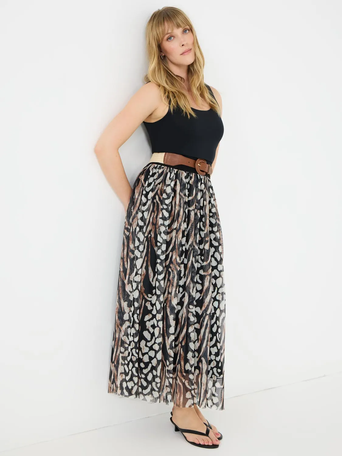 Animal Print Pleated Mesh Skirt luxe look