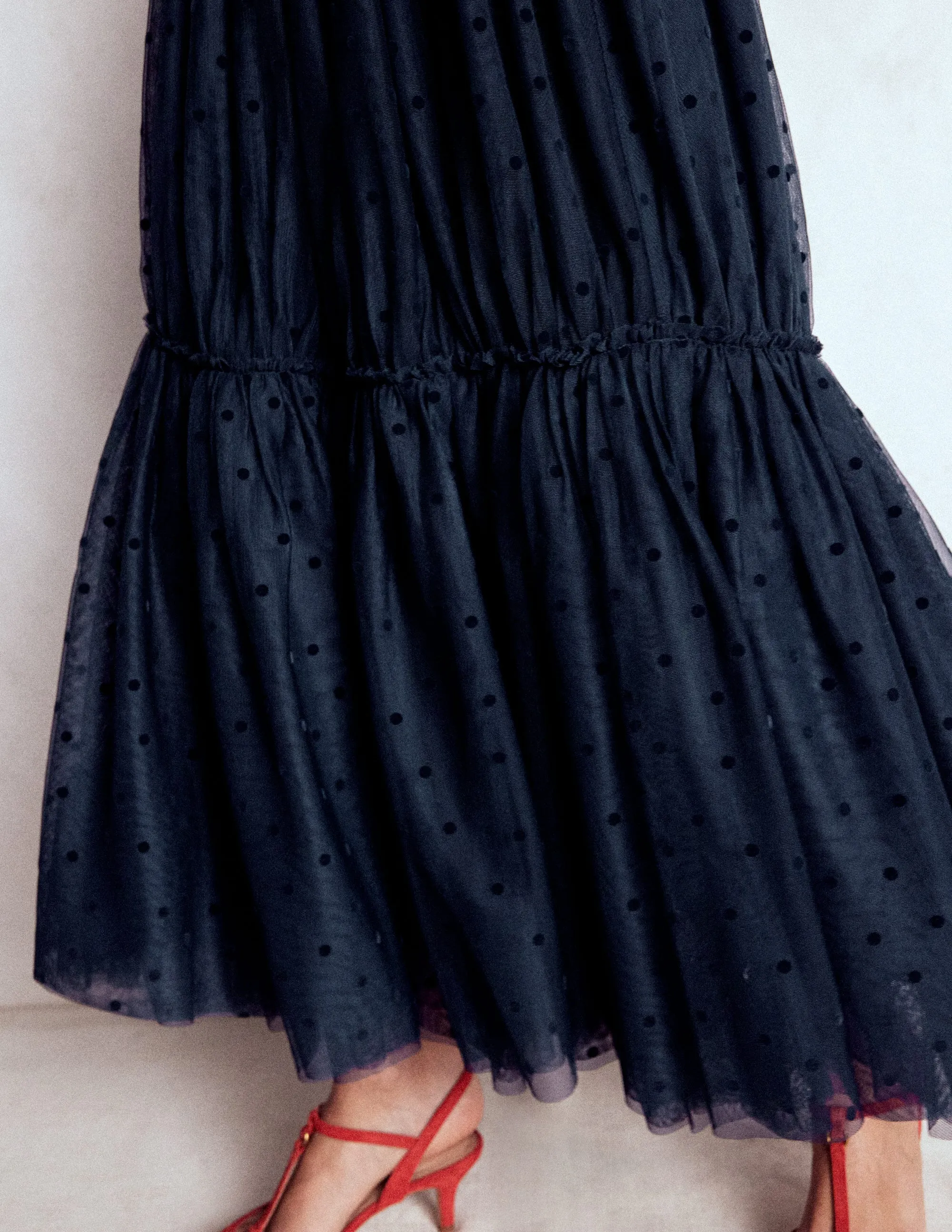 Anna Tulle Midi Skirt-Navy Flocked Spot relaxed style