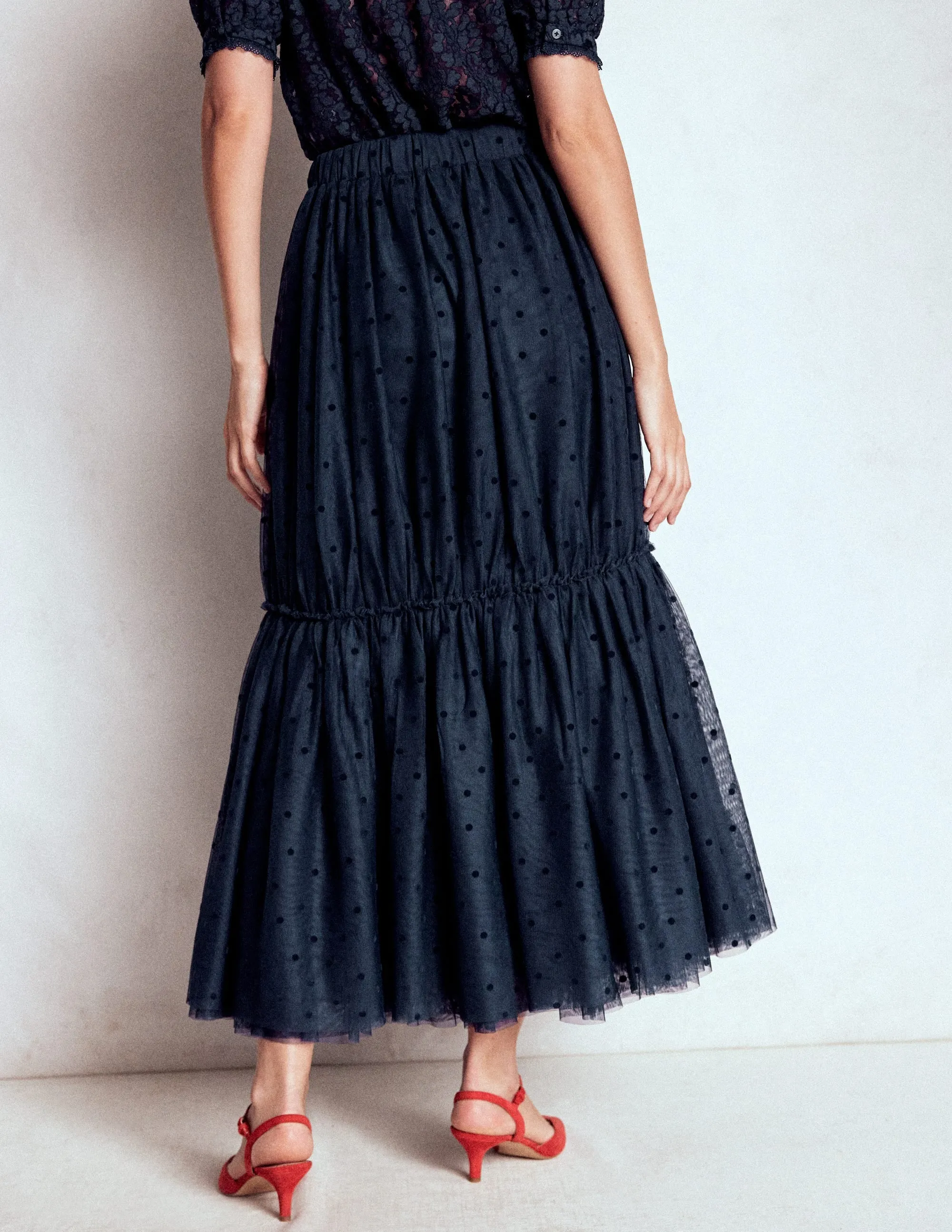 Anna Tulle Midi Skirt-Navy Flocked Spot soft fabric