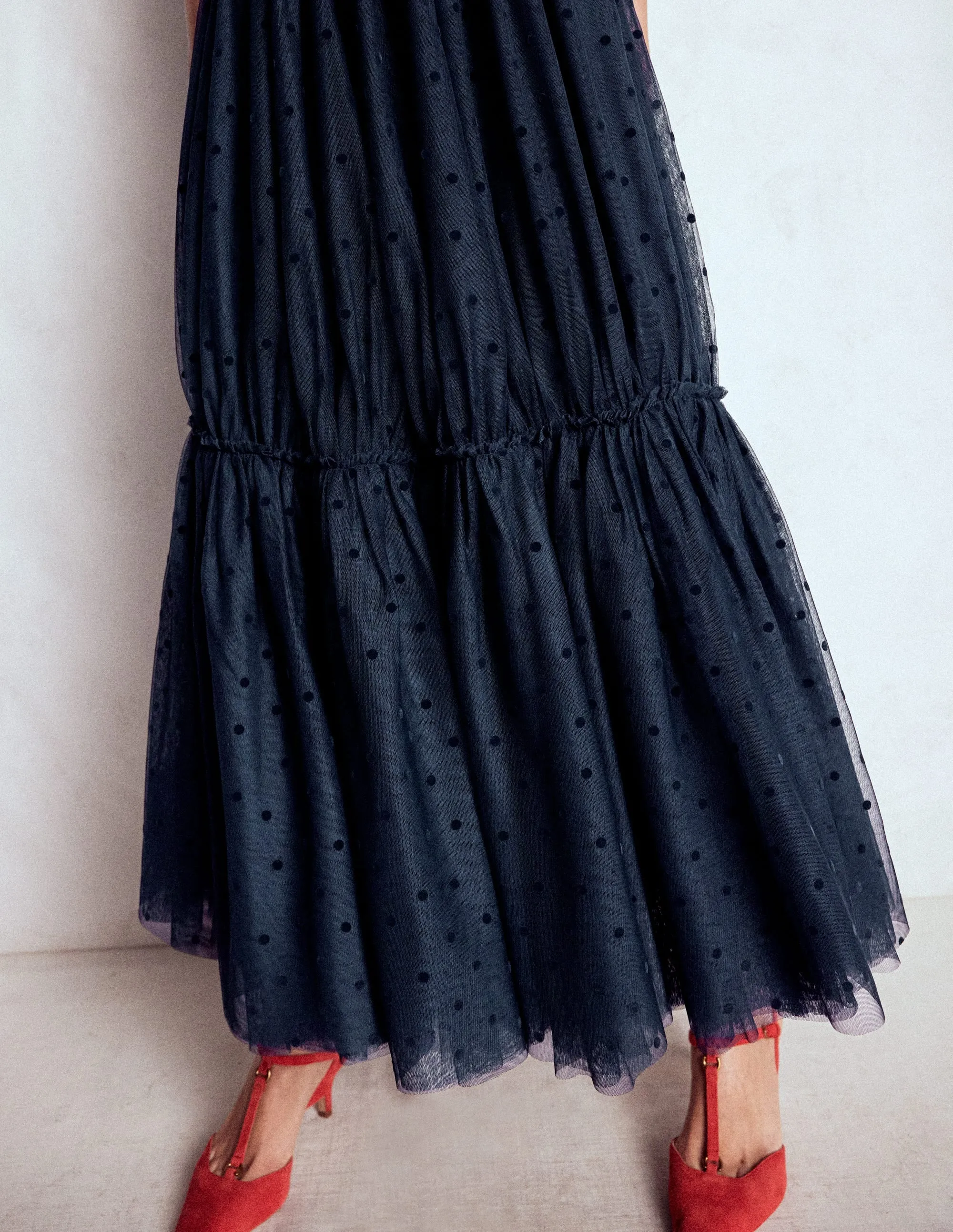 Anna Tulle Midi Skirt-Navy Flocked Spot easy stretch