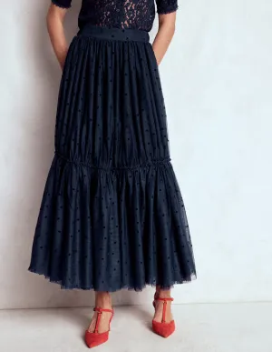Anna Tulle Midi Skirt-Navy Flocked Spot smooth feel