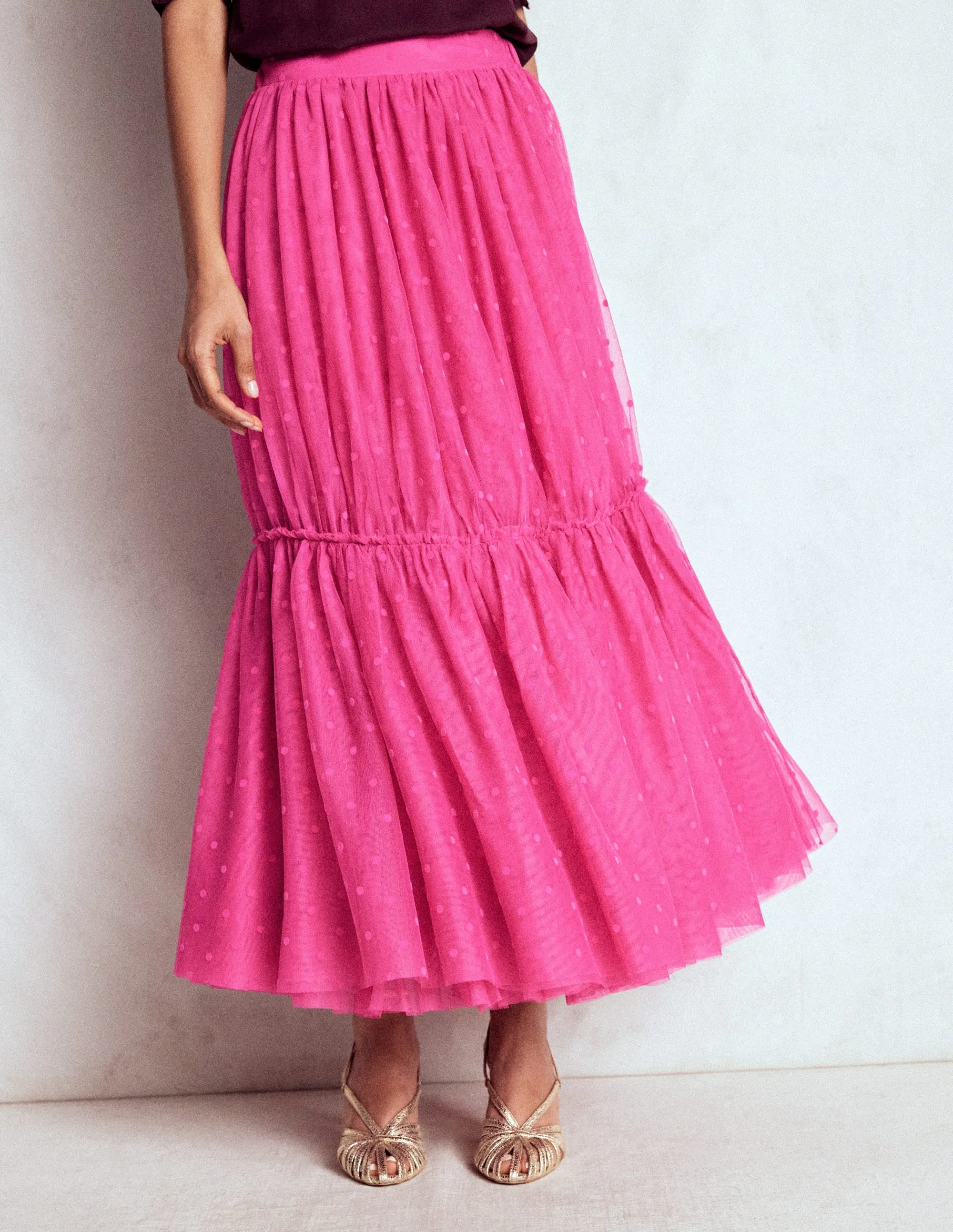 Anna Tulle Midi Skirt-Pink Flocked Spot travel light