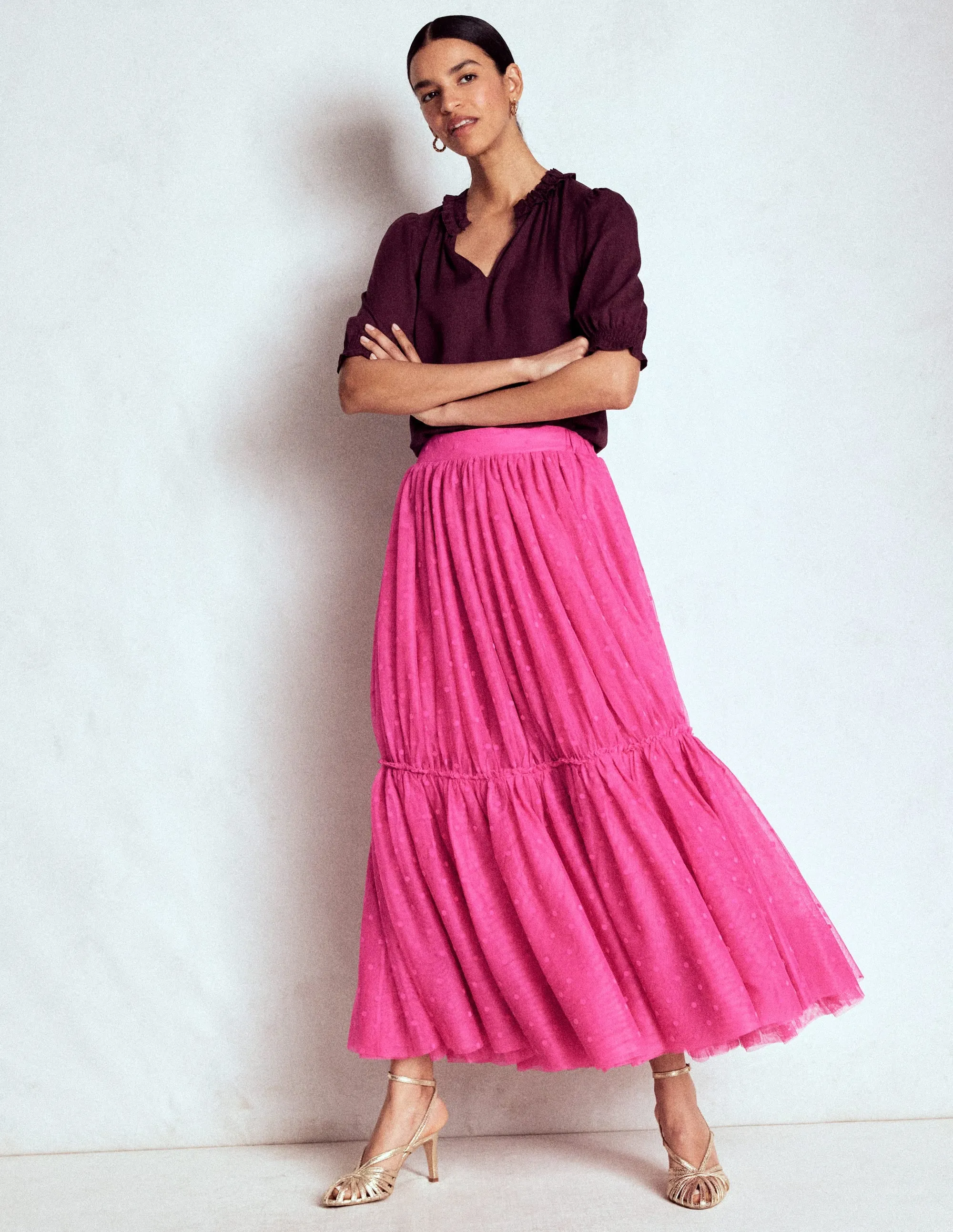 Anna Tulle Midi Skirt-Pink Flocked Spot elegant lady