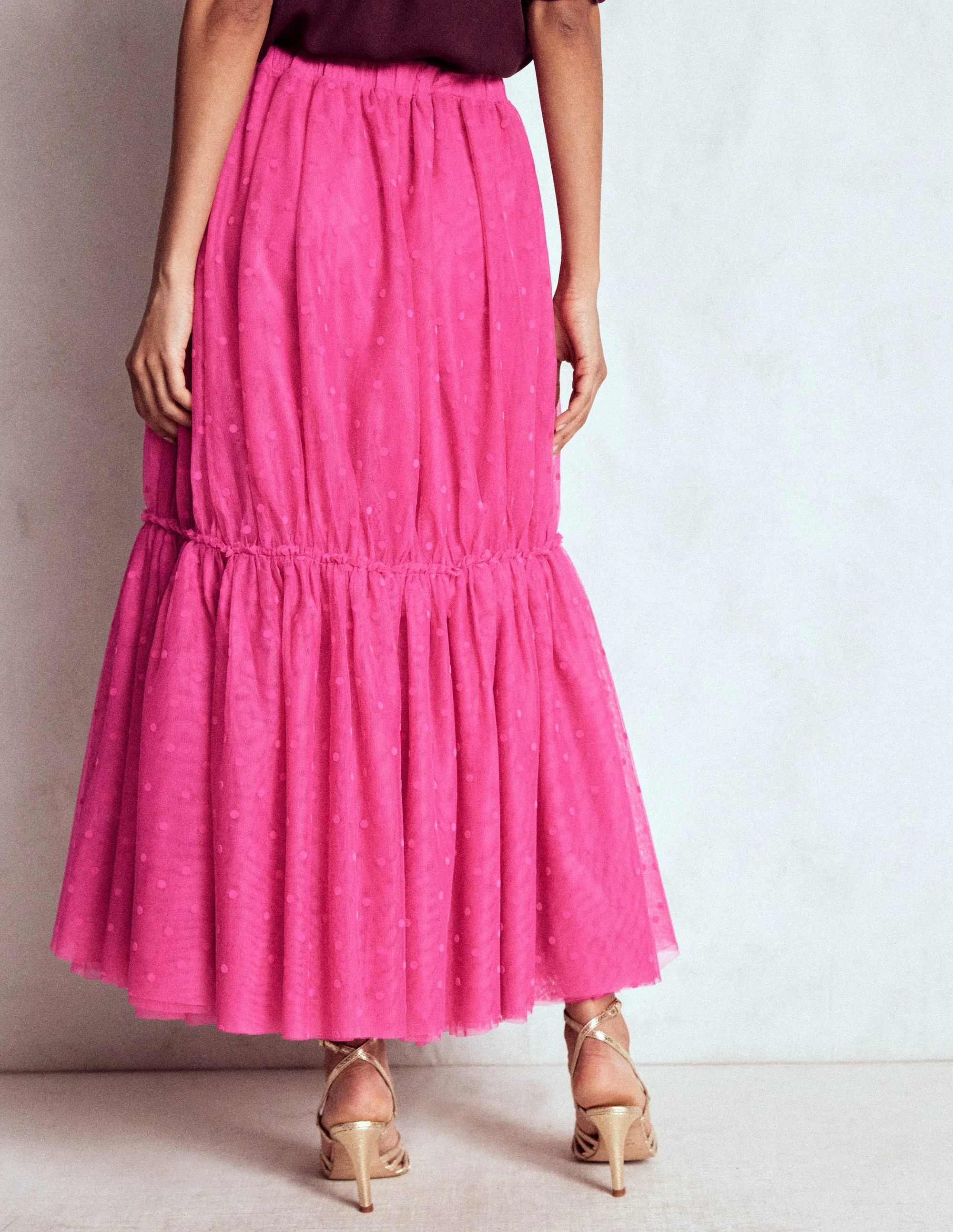 Anna Tulle Midi Skirt-Pink Flocked Spot pure cotton