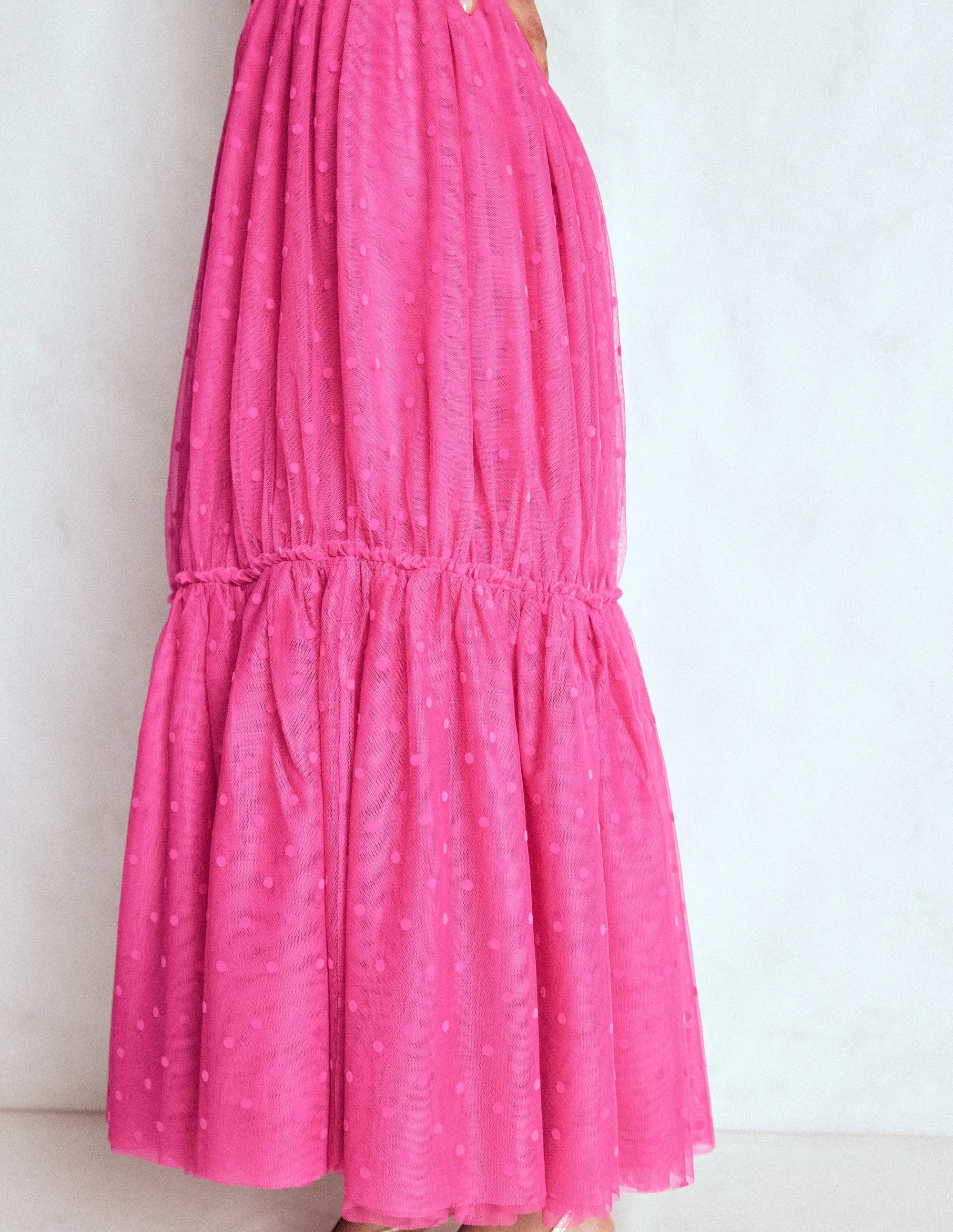 Anna Tulle Midi Skirt-Pink Flocked Spot light flow