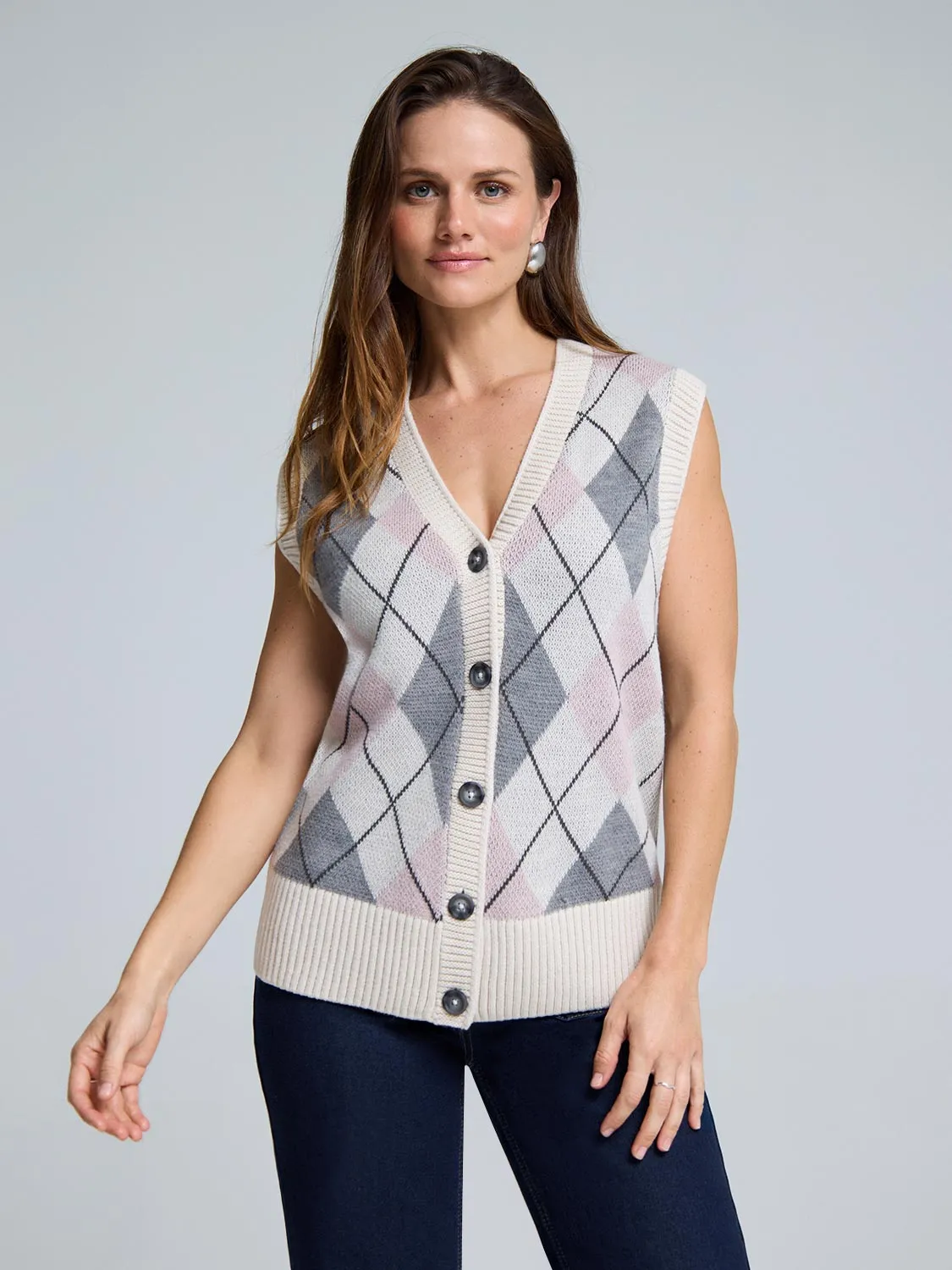 Argyle Wool Button-Front Sweater Vest energy fit
