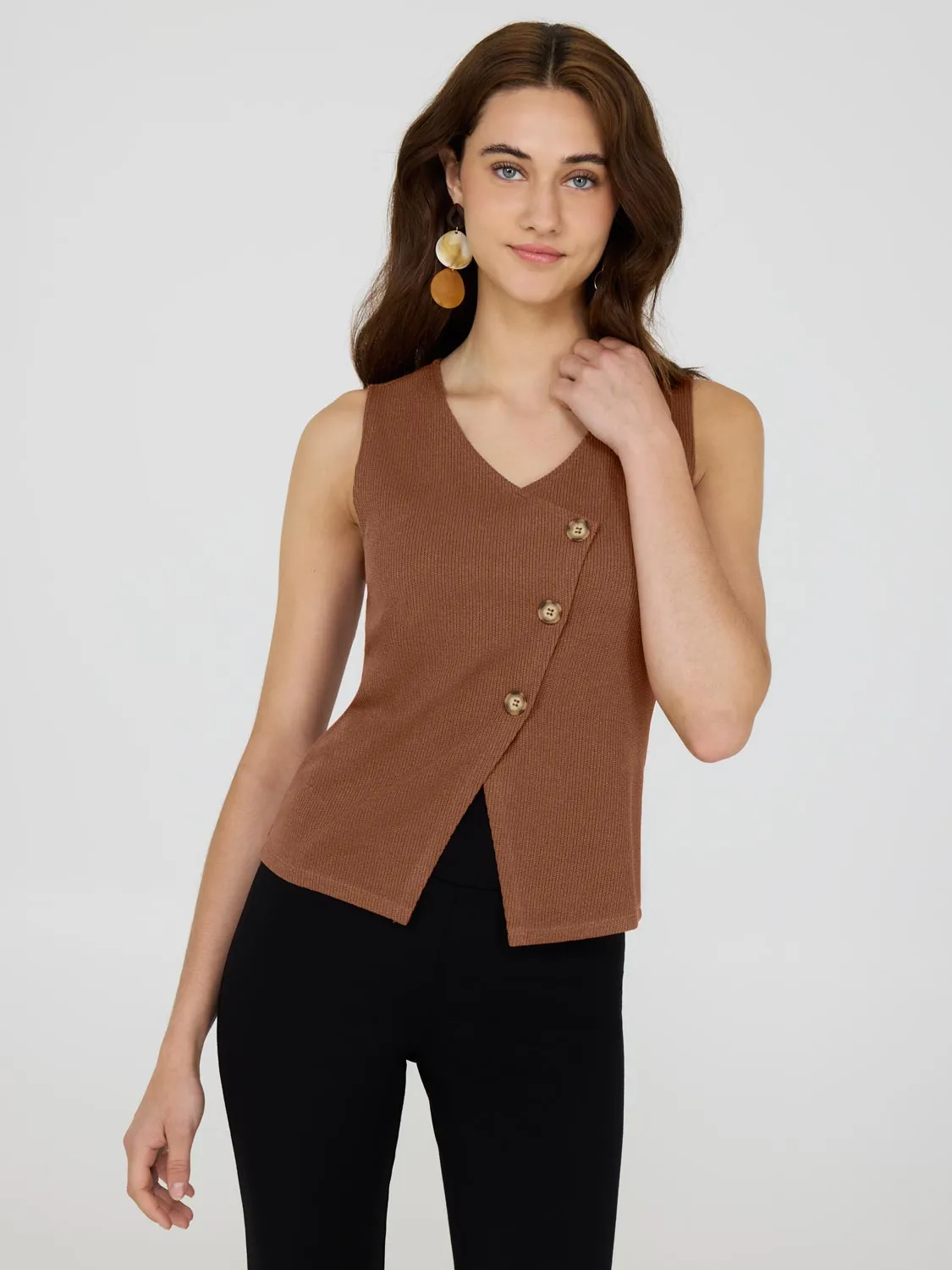 Asymmetrical Button-Front Sweater Vest soft drape