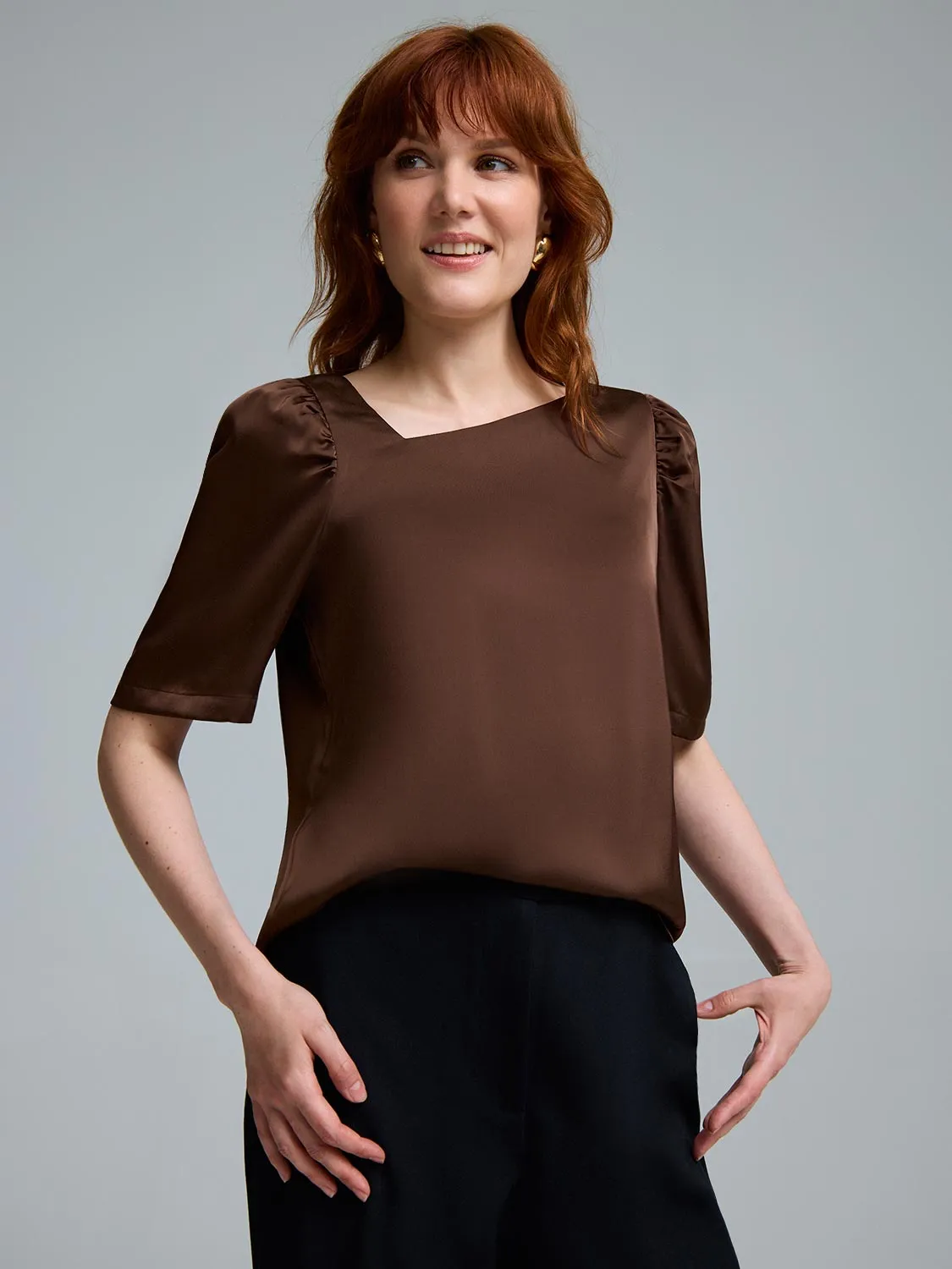 Asymmetrical Neckline Satin Blouse Feel Free
