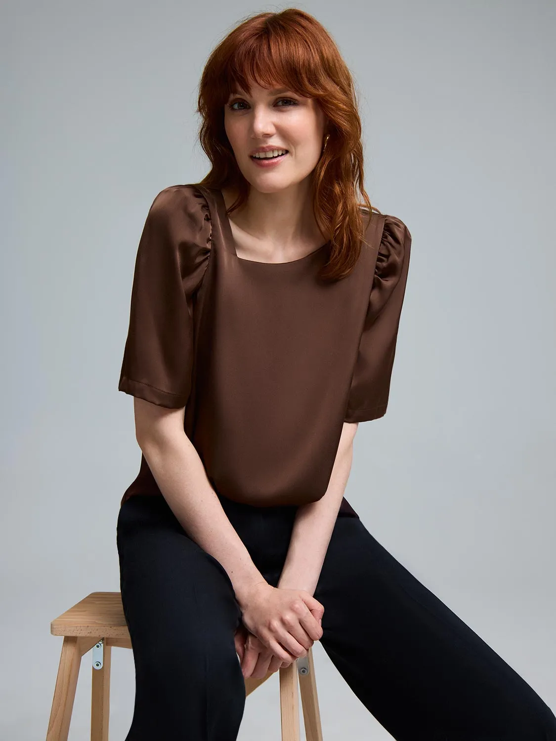 Asymmetrical Neckline Satin Blouse Look Confident