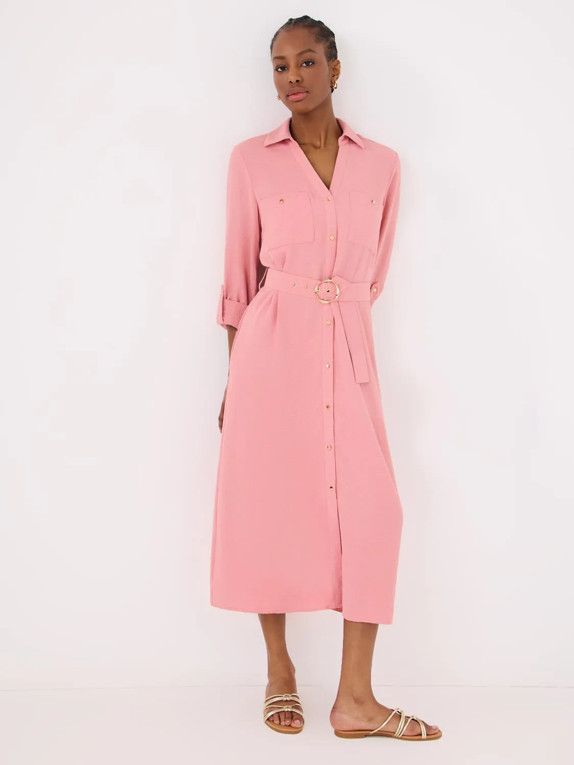 Belted Long Sleeve Midi Shirt Dress urban casual