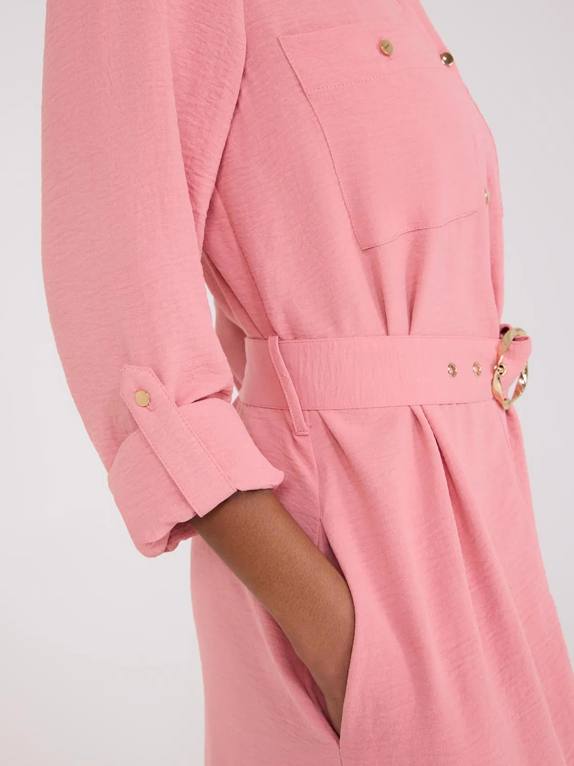 Belted Long Sleeve Midi Shirt Dress relaxed casual