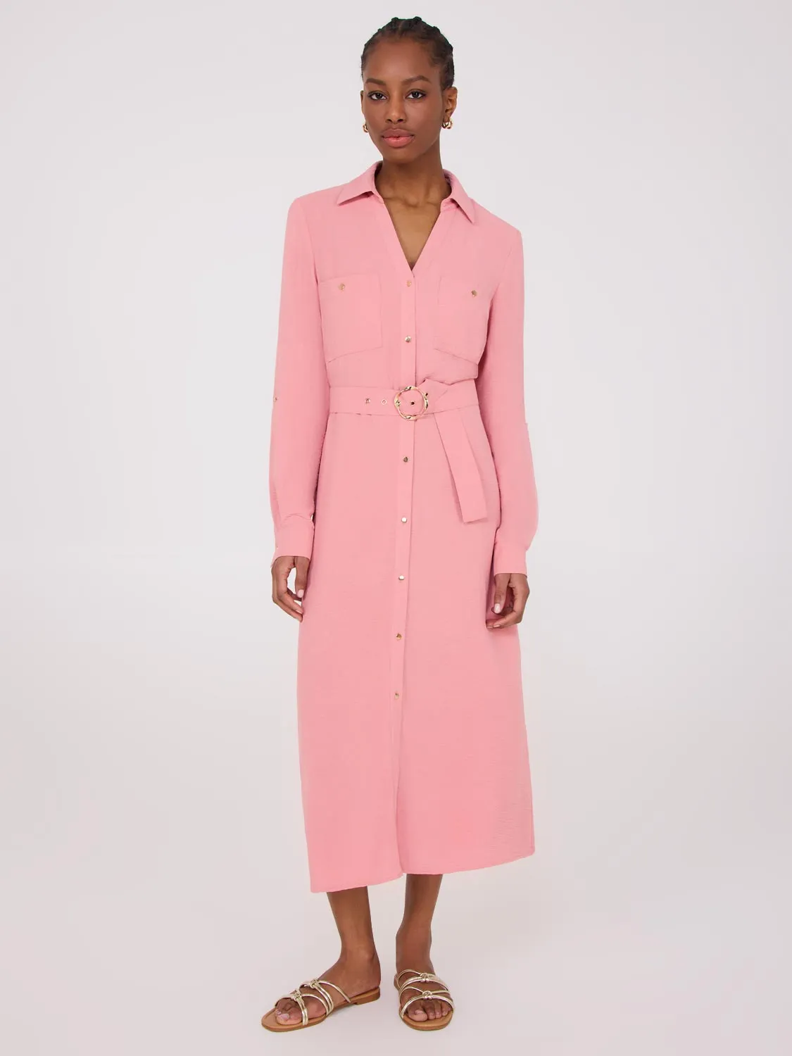 Belted Long Sleeve Midi Shirt Dress feminine fit
