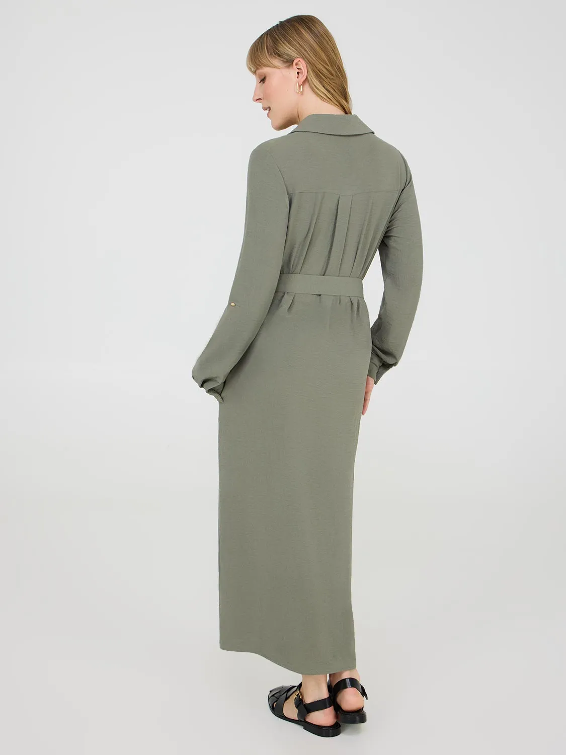 Belted Long Sleeve Midi Shirt Dress easy fit