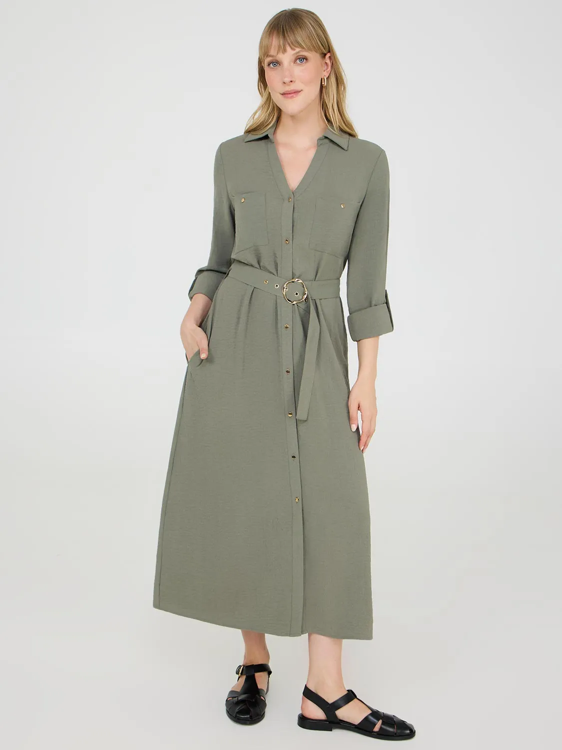 Belted Long Sleeve Midi Shirt Dress elegant casual