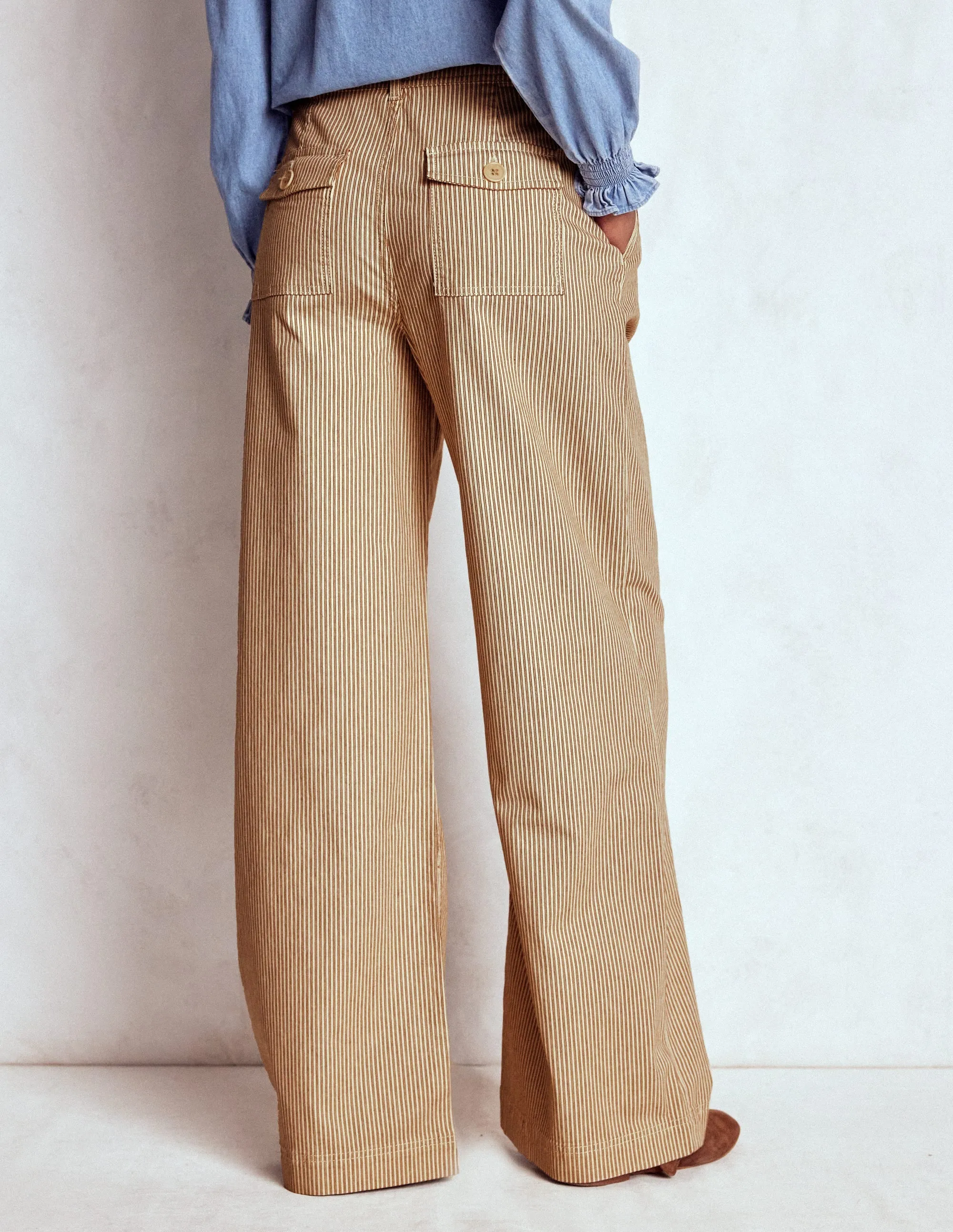 Brompton Wide Leg Trousers-Tan and Ecru Stripe carefree attitude