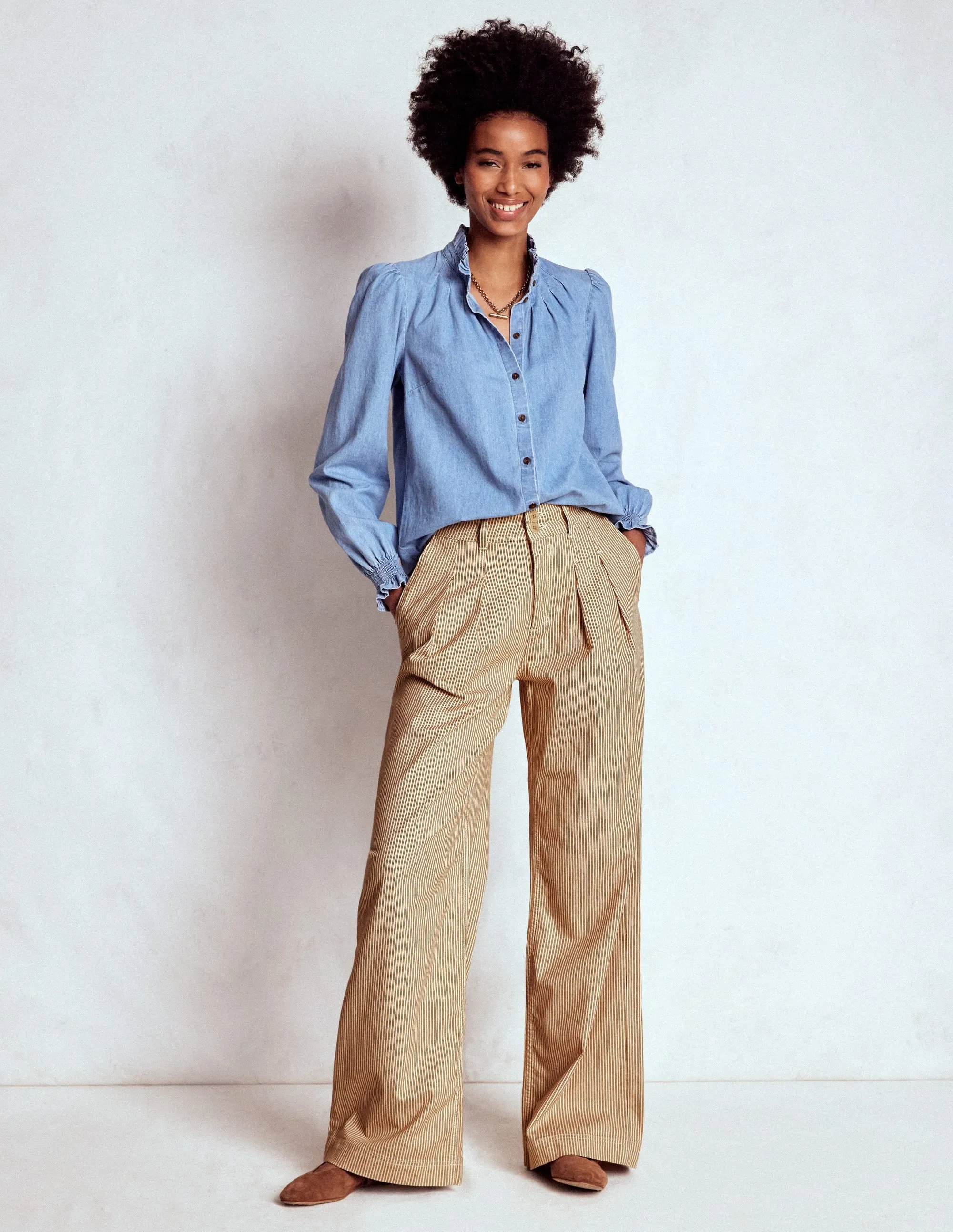 Brompton Wide Leg Trousers-Tan and Ecru Stripe soft touch