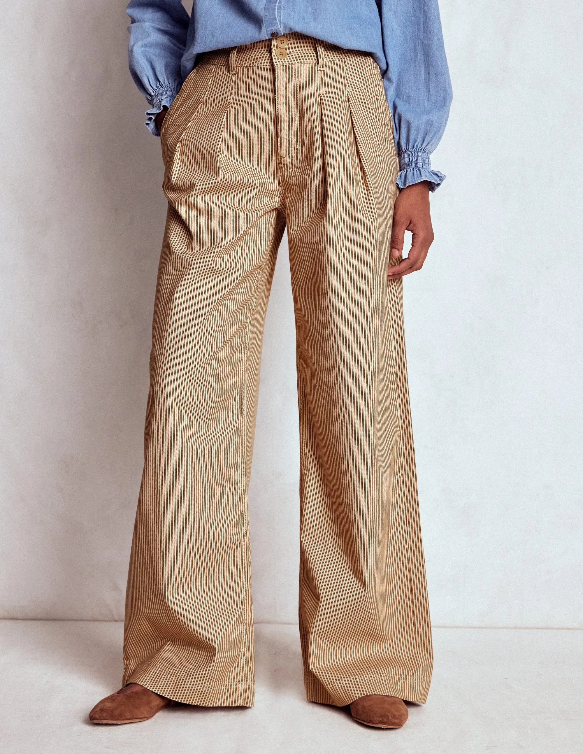 Brompton Wide Leg Trousers-Tan and Ecru Stripe tapered leg