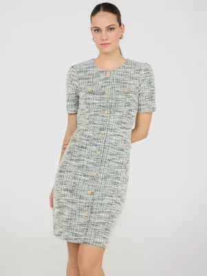 Button-Front Boucle Sheath Dress delicate feel