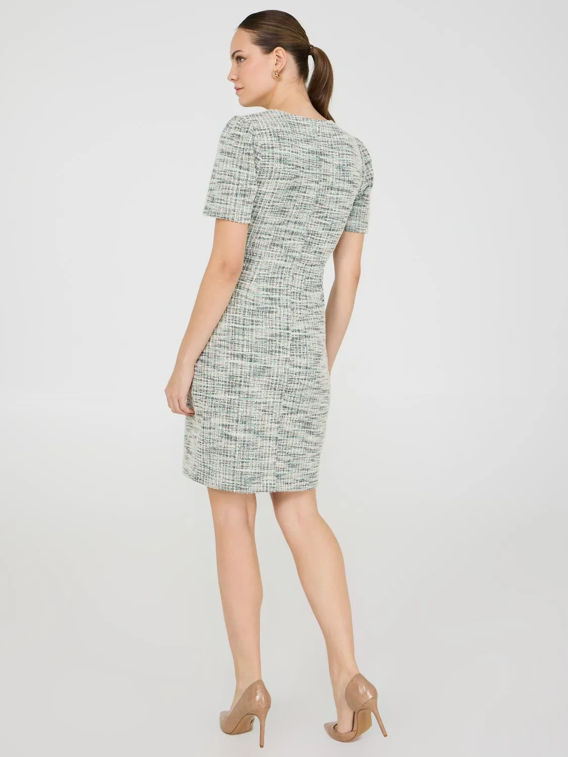 Button-Front Boucle Sheath Dress body contour