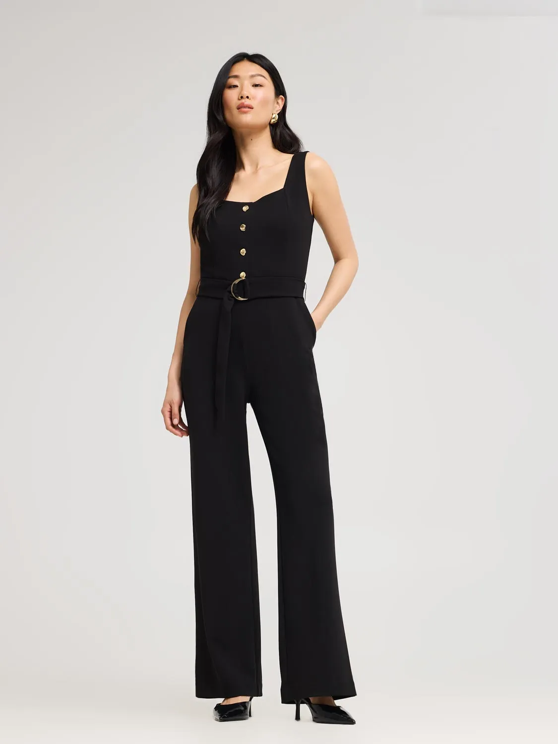Button-Front Straight-Leg Jumpsuit easy handle