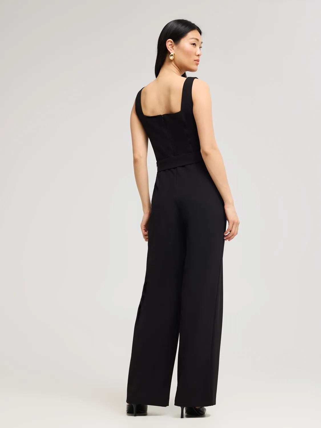 Button-Front Straight-Leg Jumpsuit layered wear