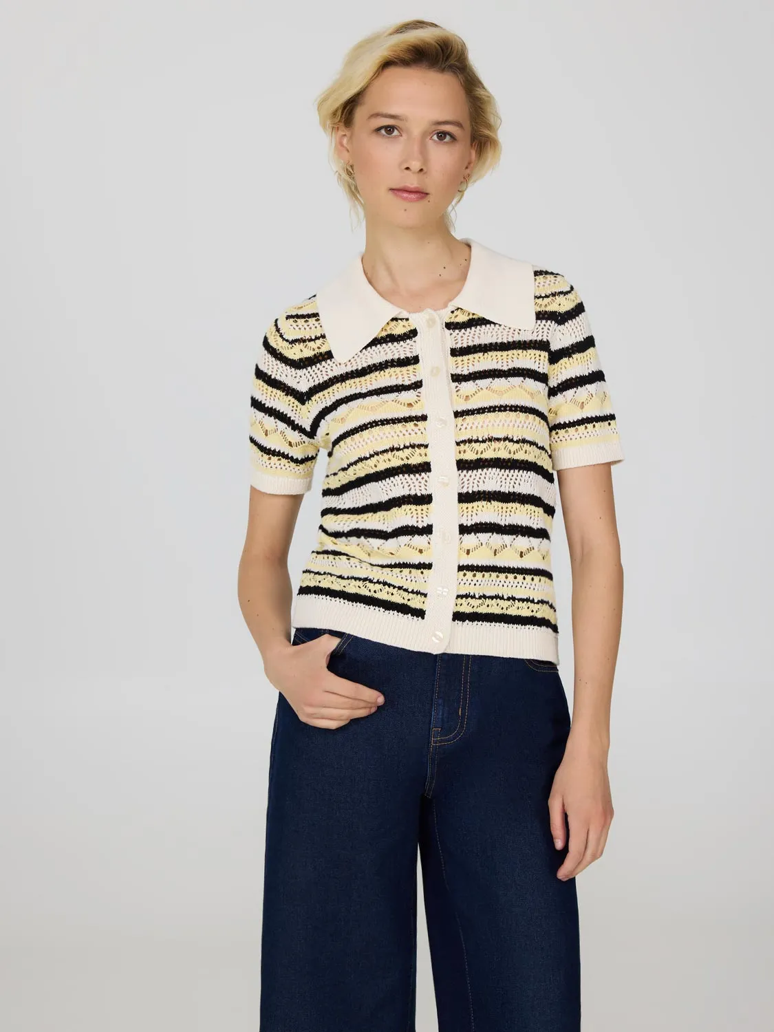Button-Up Striped Cotton Crochet Top Run Free
