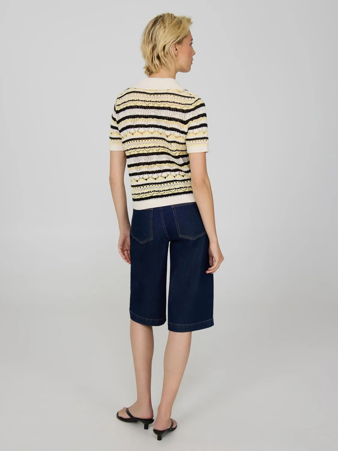 Button-Up Striped Cotton Crochet Top Essential Edit