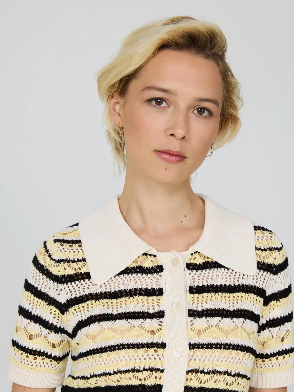 Button-Up Striped Cotton Crochet Top Go Bold
