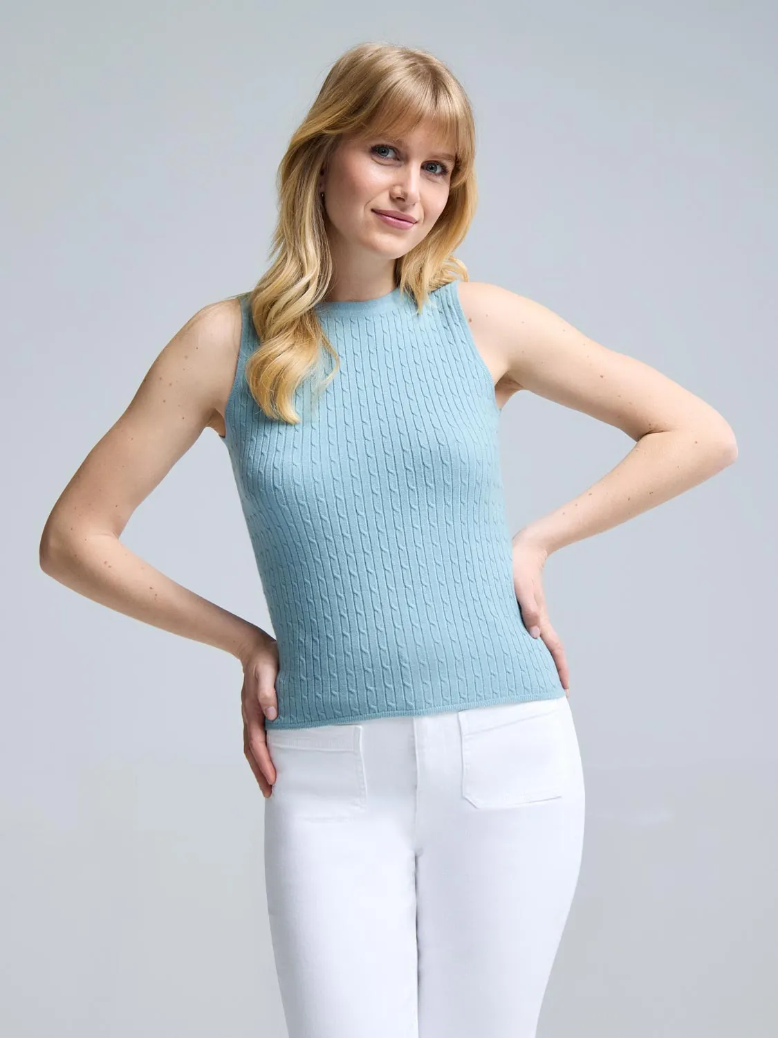 Cable Knit Sleeveless Sweater travel light