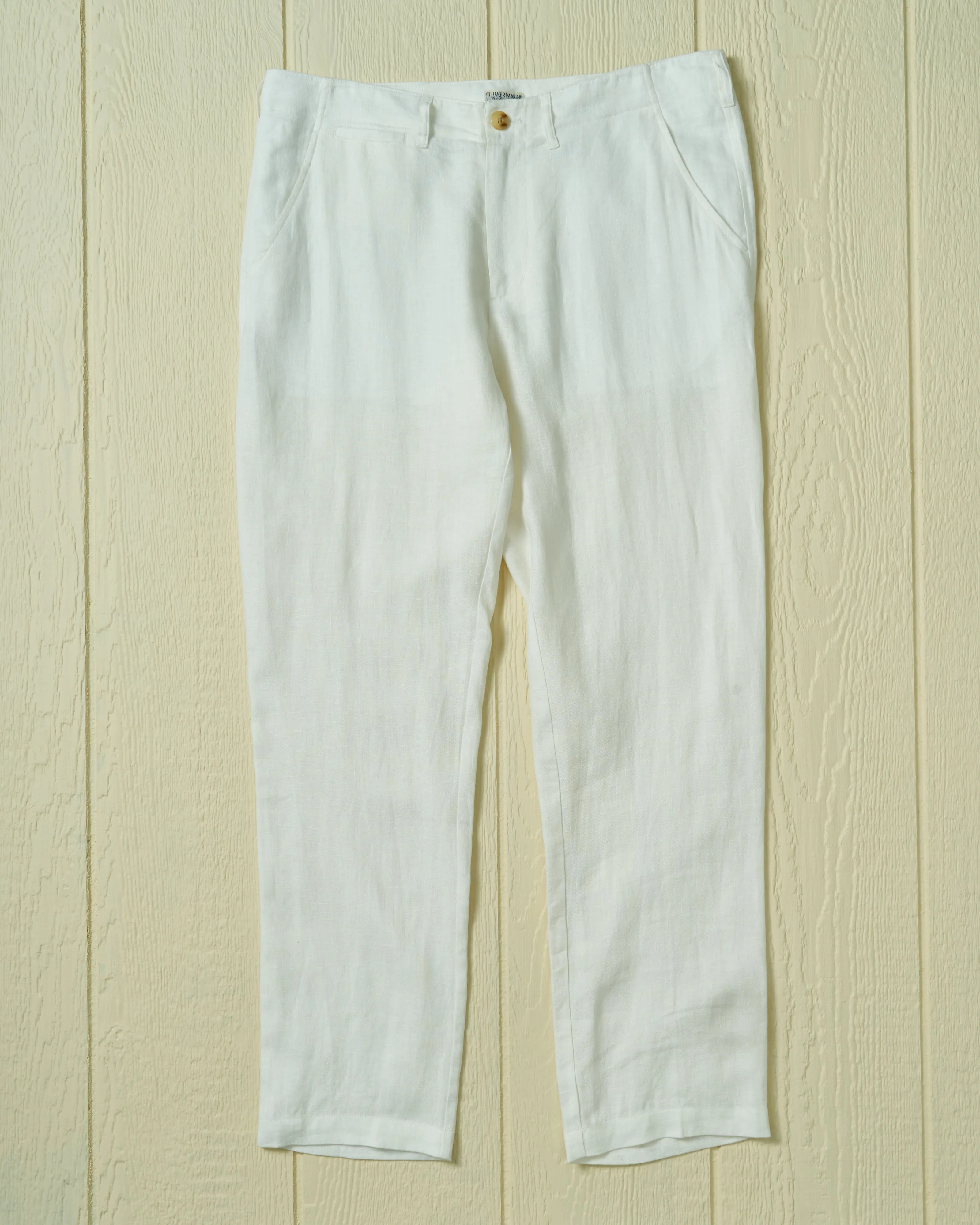 Camden Pant in White Linen decorative buttons