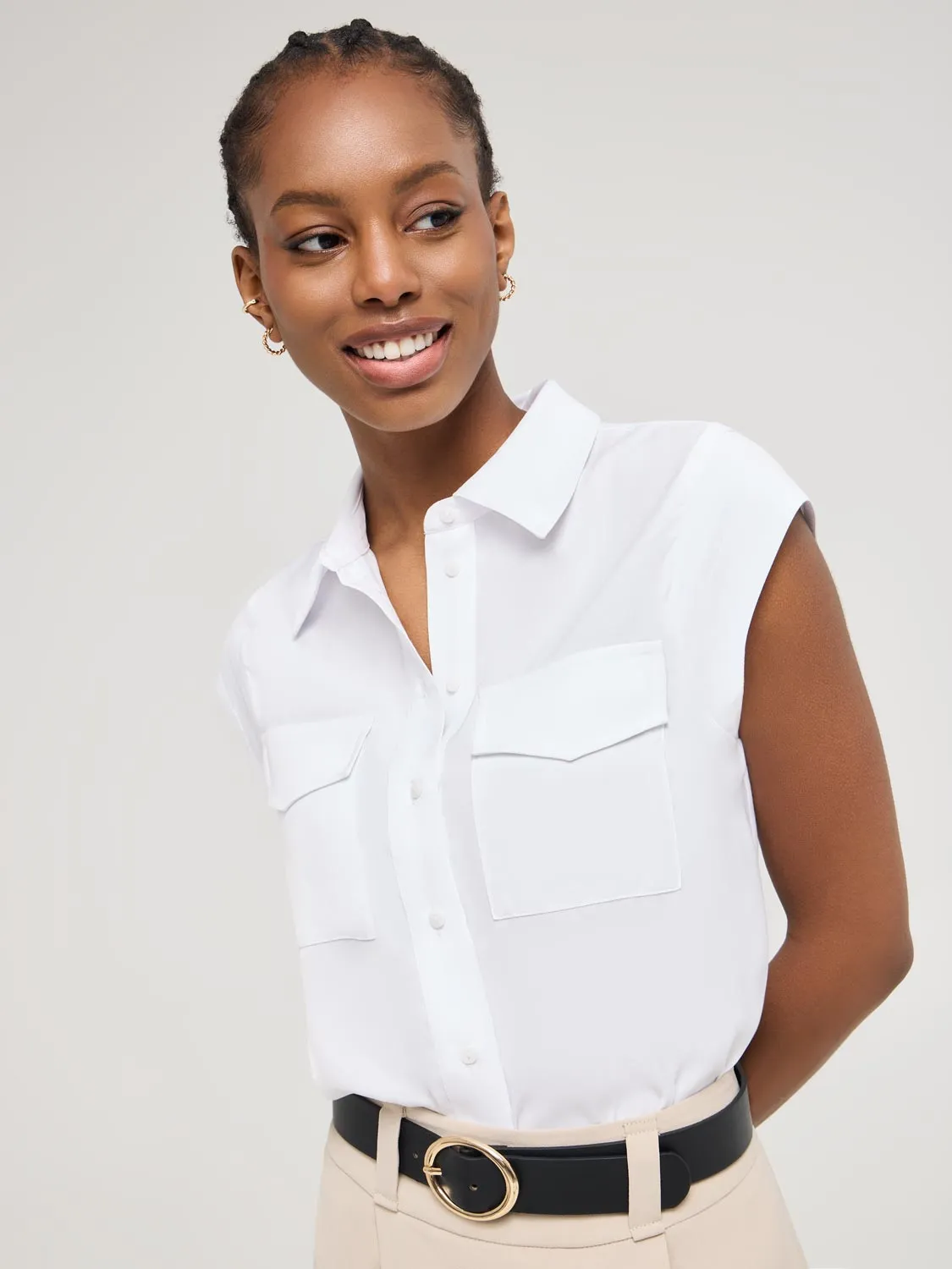 Cap Sleeve Button-Front Blouse soft stretch